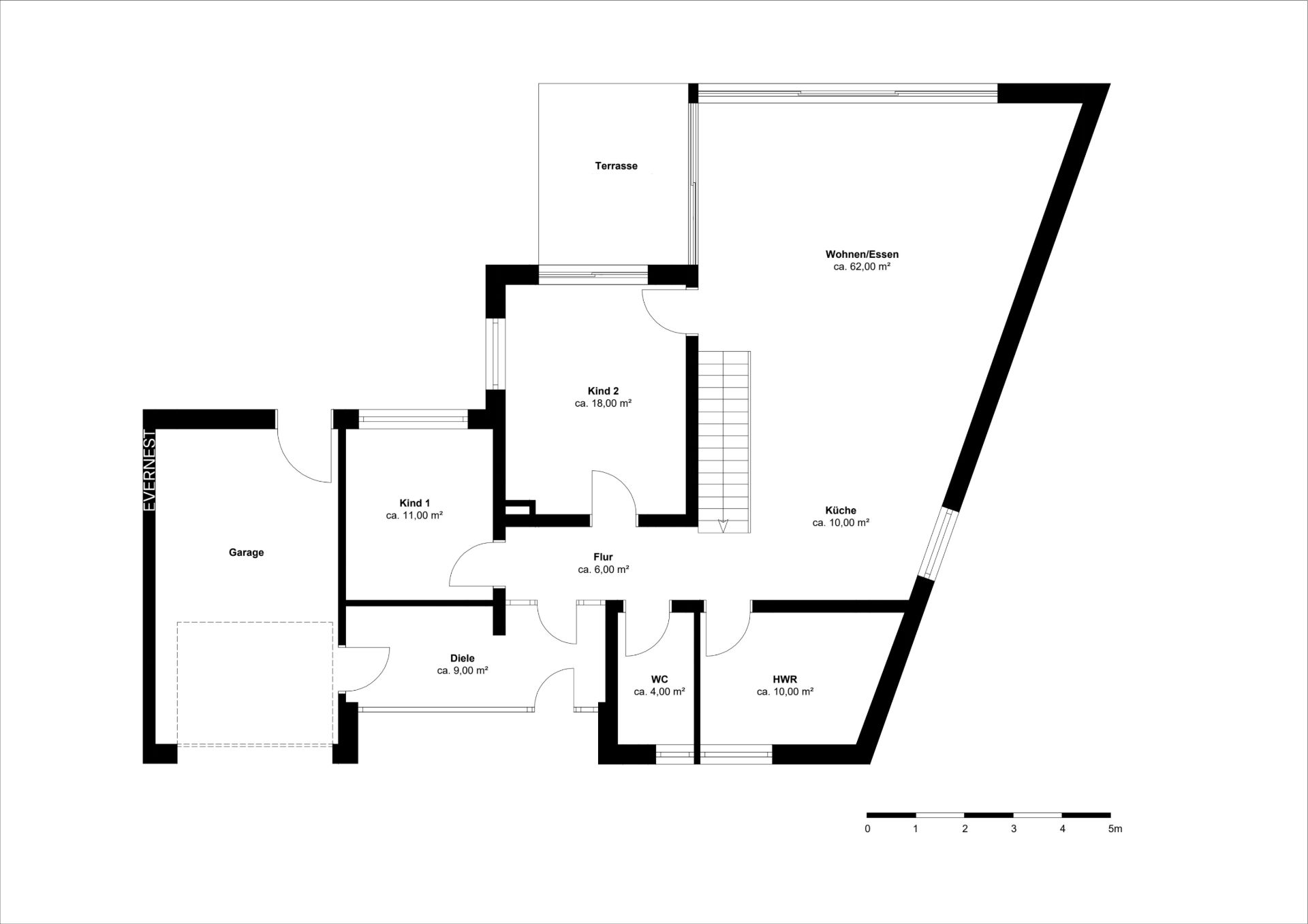 Grundriss mit Garage, Diele, Flur, Wohnzimmer, Küche, zwei Kinderzimmern, WC, HWR und Terrasse.