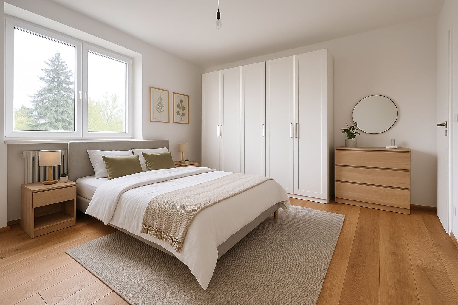 Helles Schlafzimmer mit Doppelbett, Kleiderschrank, Kommode und großem Fenster.