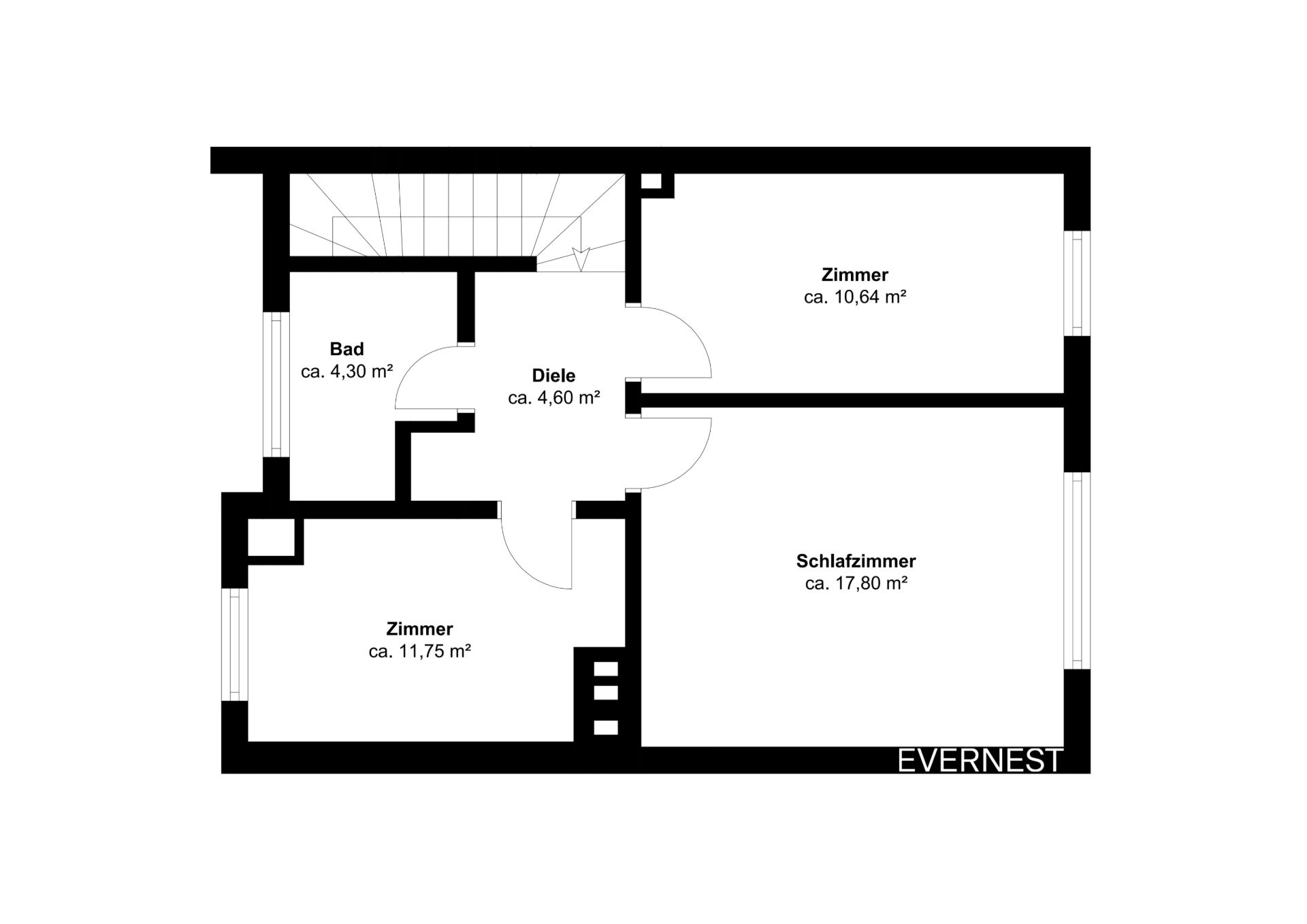 Grundriss mit Diele, Bad, zwei Zimmern und Schlafzimmer, jeweils mit Flächenangaben.