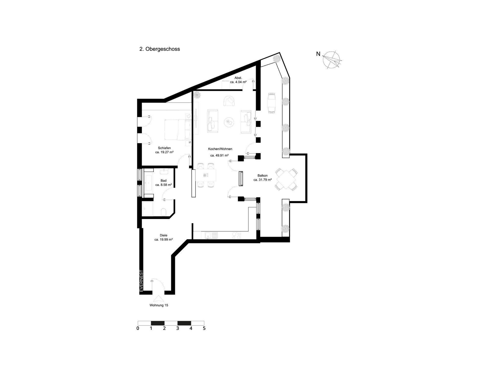 Grundriss einer Wohnung mit Schlafzimmer, Bad, Diele, Küche/Wohnen, Abstellraum und Balkon.