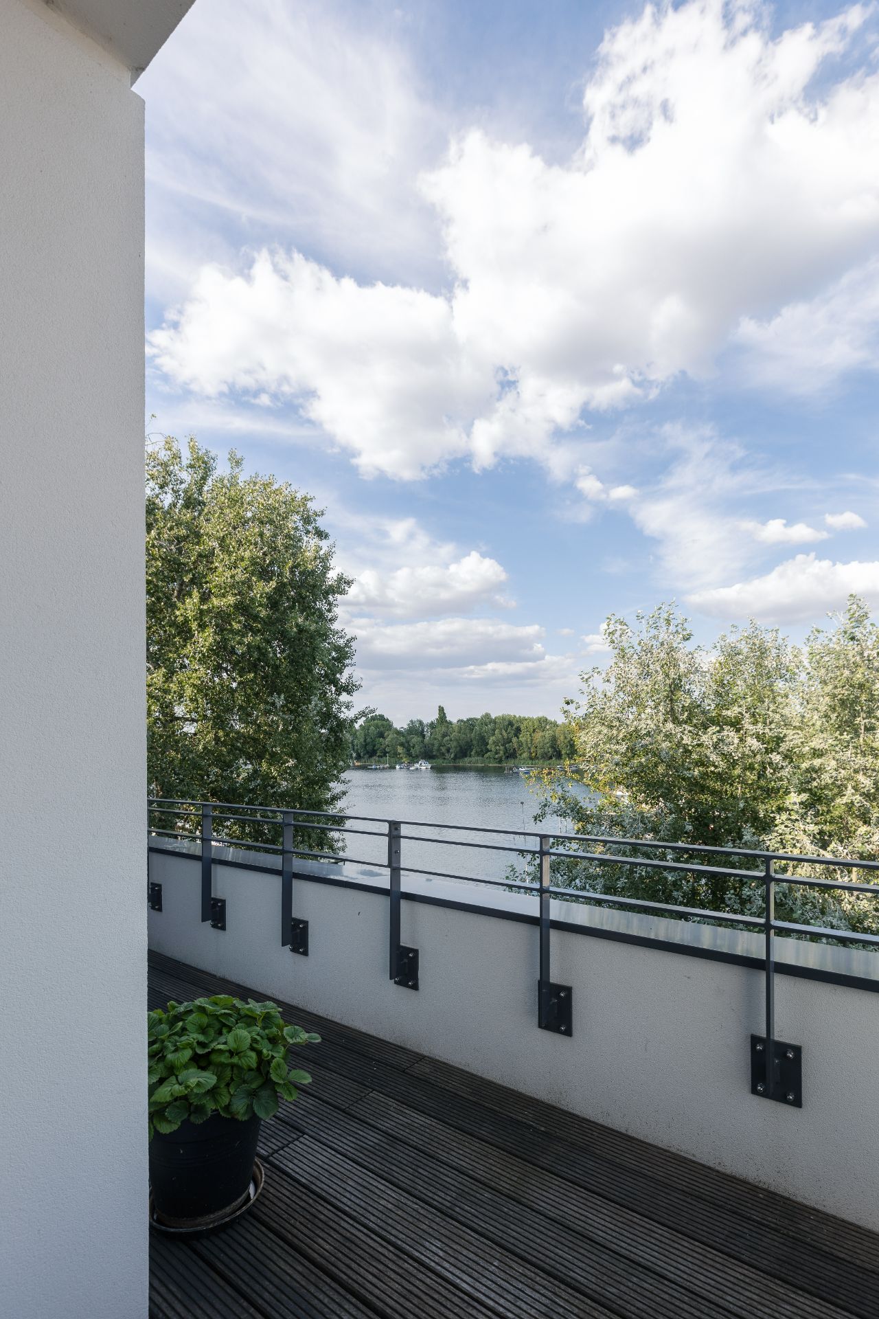 Balkon mit Holzboden, Pflanze im Topf und Blick auf einen Fluss mit Bäumen.