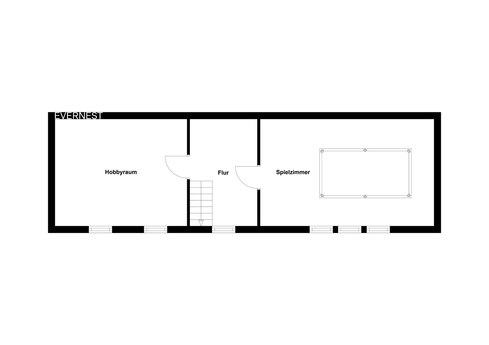Grundriss mit Hobbyraum, Flur und Spielzimmer.