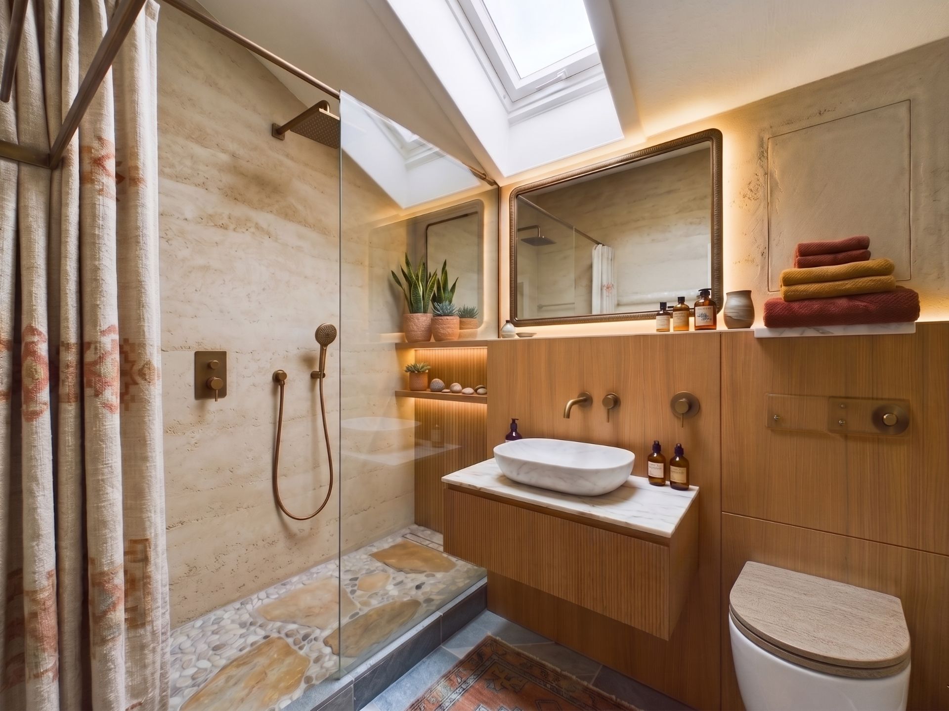 Modernes Bad mit offener Dusche, Holzwaschtisch, großem Spiegel und Oberlichtern.