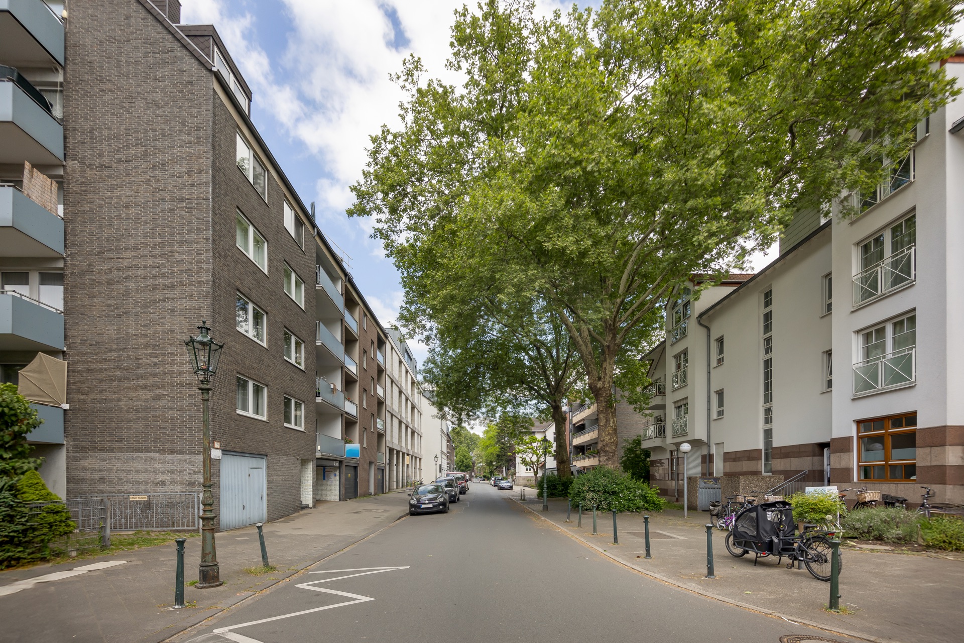 Wohnstraße mit mehrstöckigen Häusern, Bäumen, parkenden Autos und Fahrrädern am Straßenrand.