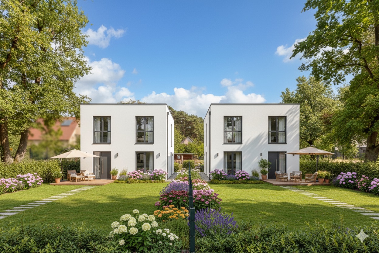 Zwei moderne, weiße Wohnhäuser mit Garten, Blumen und Gartenmöbeln im Vordergrund.