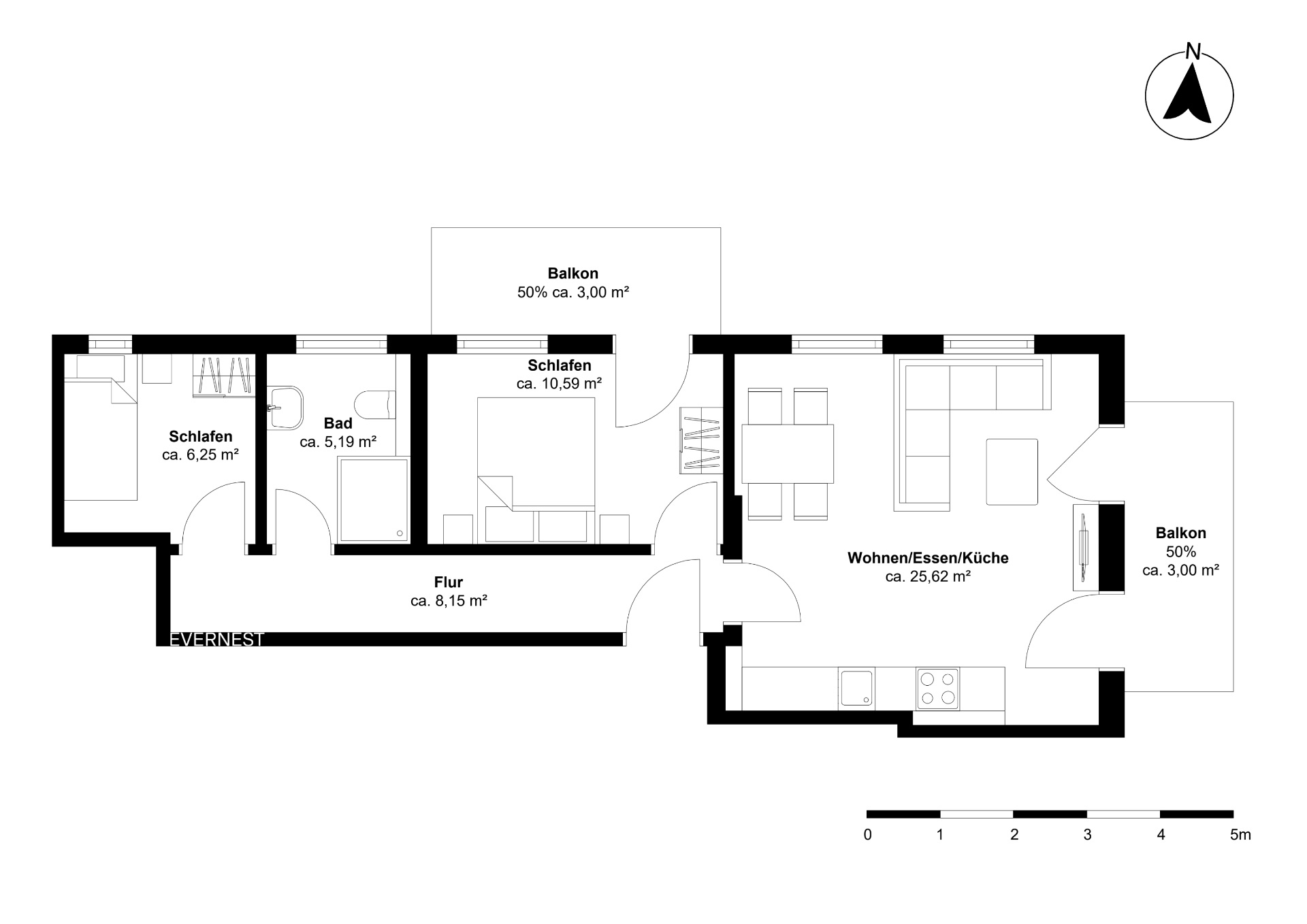 Wohnungsgrundriss mit zwei Schlafzimmern, Bad, Flur, Wohnküche und zwei Balkonen.