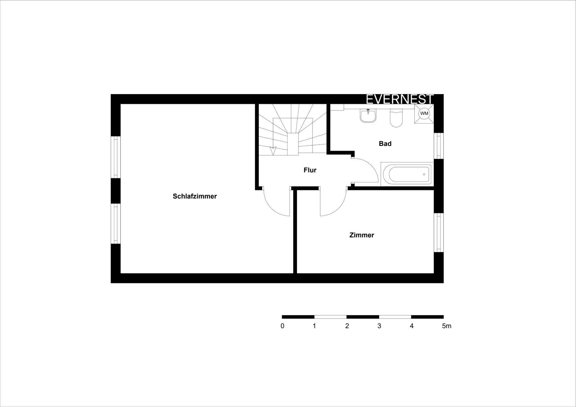 Grundriss mit Schlafzimmer, Zimmer, Bad und Flur.