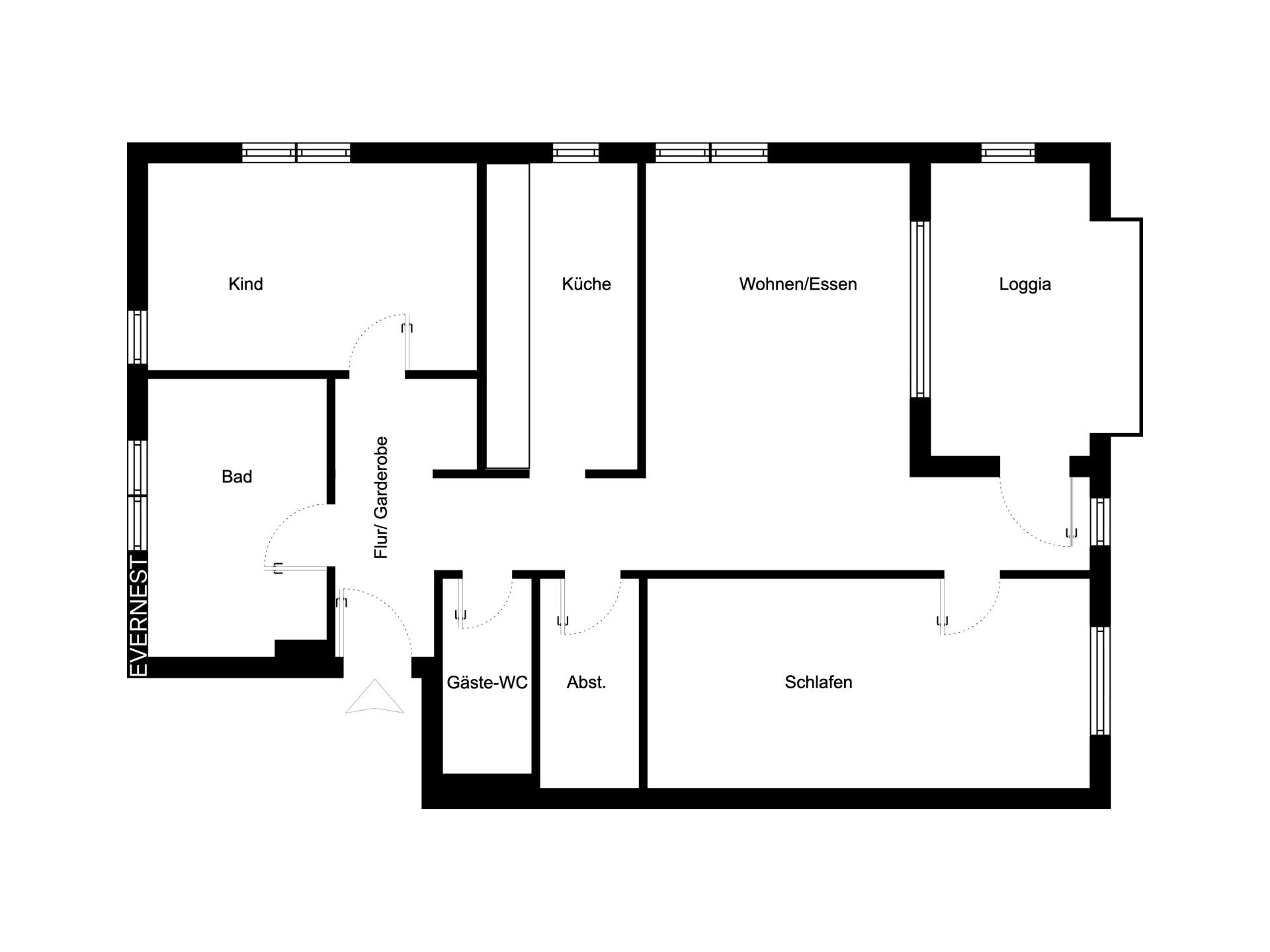 Grundriss einer Wohnung mit Zimmern, Küche, Bad, Gäste-WC und Loggia.