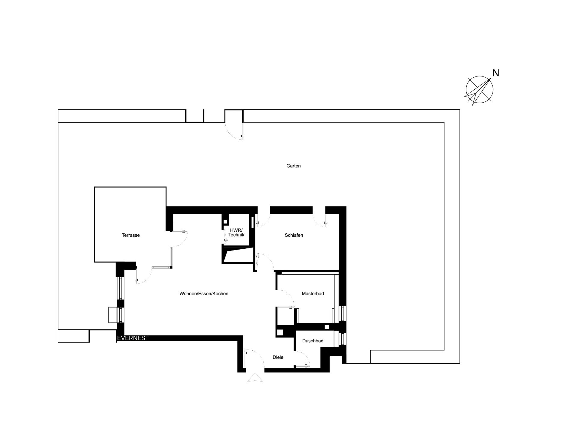 Grundriss einer Wohnung mit Terrasse, Garten, Wohnbereich, Schlafzimmer, Bad und Technikraum.