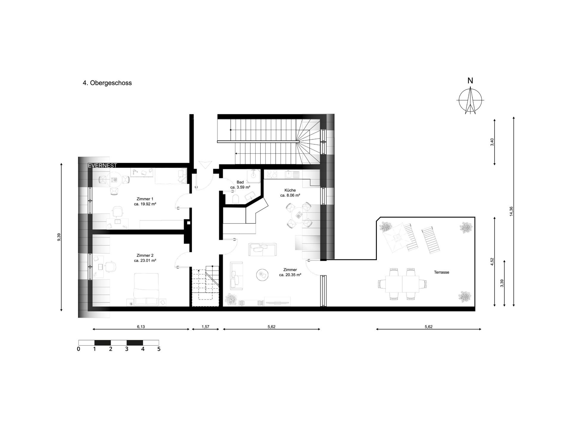 Grundriss eines Obergeschosses mit zwei Schlafzimmern, Bad, Küche, Wohnzimmer und Terrasse.