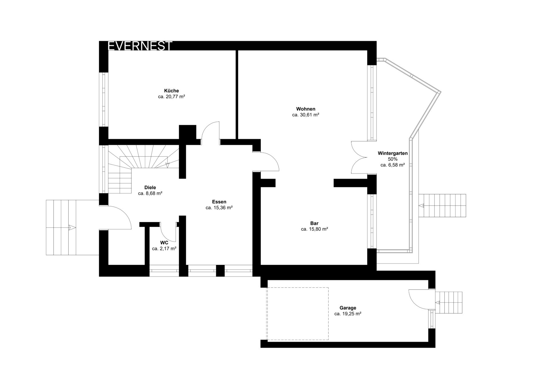 Grundriss eines Wohnhauses mit Küche, Wohnzimmer, Wintergarten, Essbereich, Bar, WC und Garage.