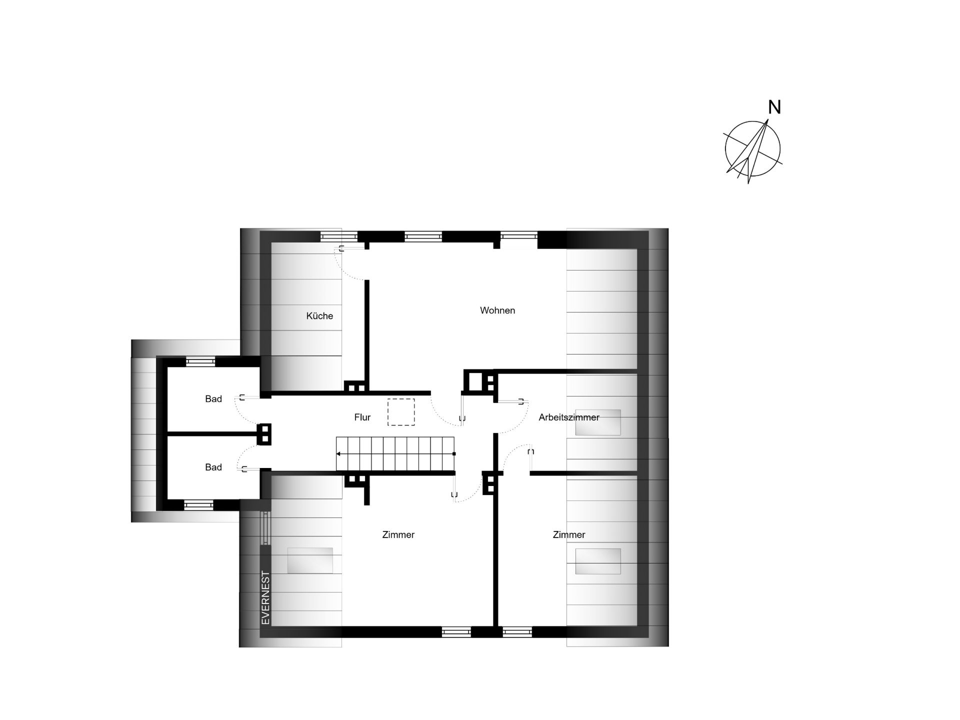 Grundriss mit Küche, Wohnzimmer, Arbeitszimmer, zwei Bädern, Flur und drei Zimmern.
