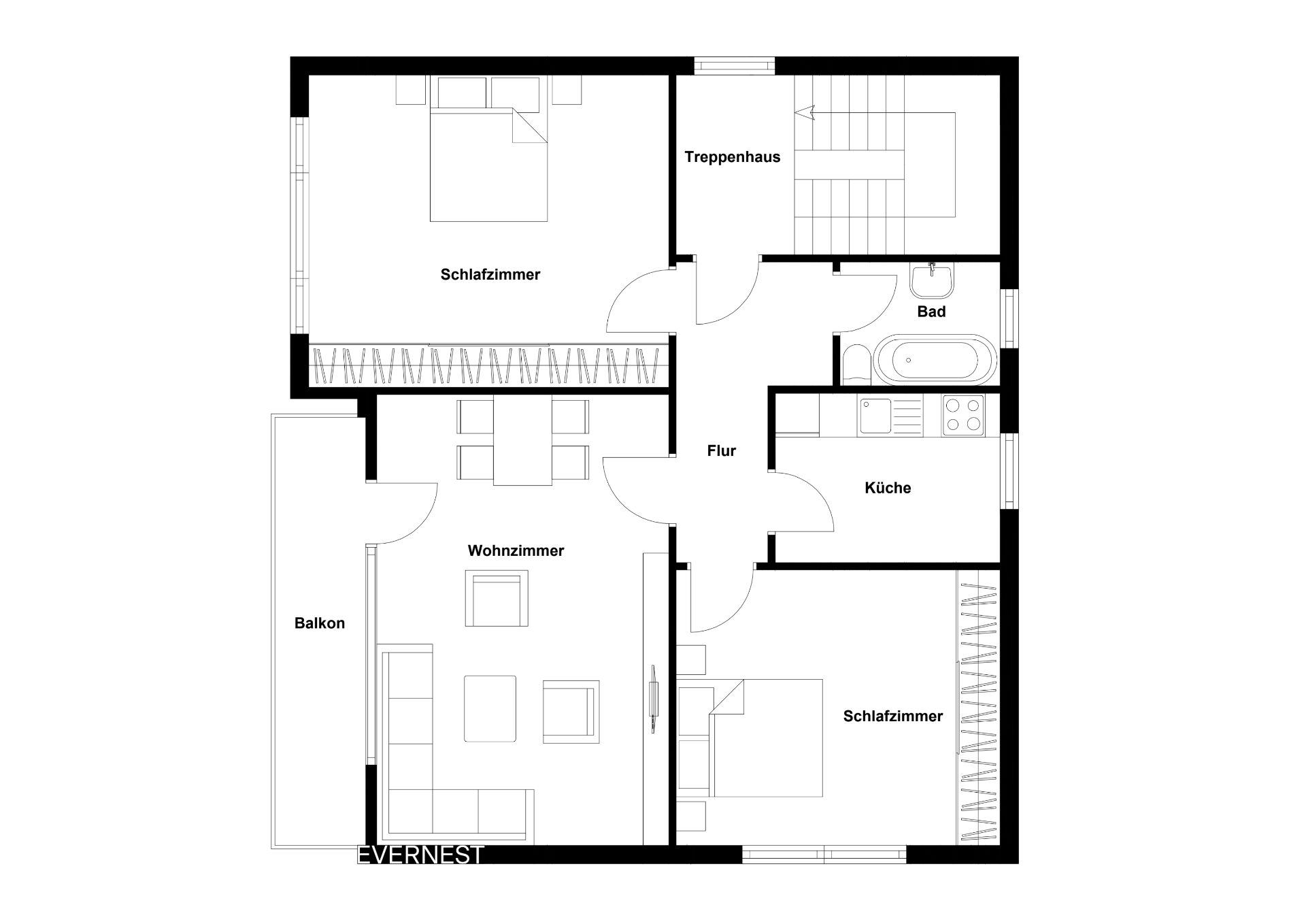 Grundriss einer Wohnung mit Wohnzimmer, Küche, Bad, Flur, Balkon und zwei Schlafzimmern.