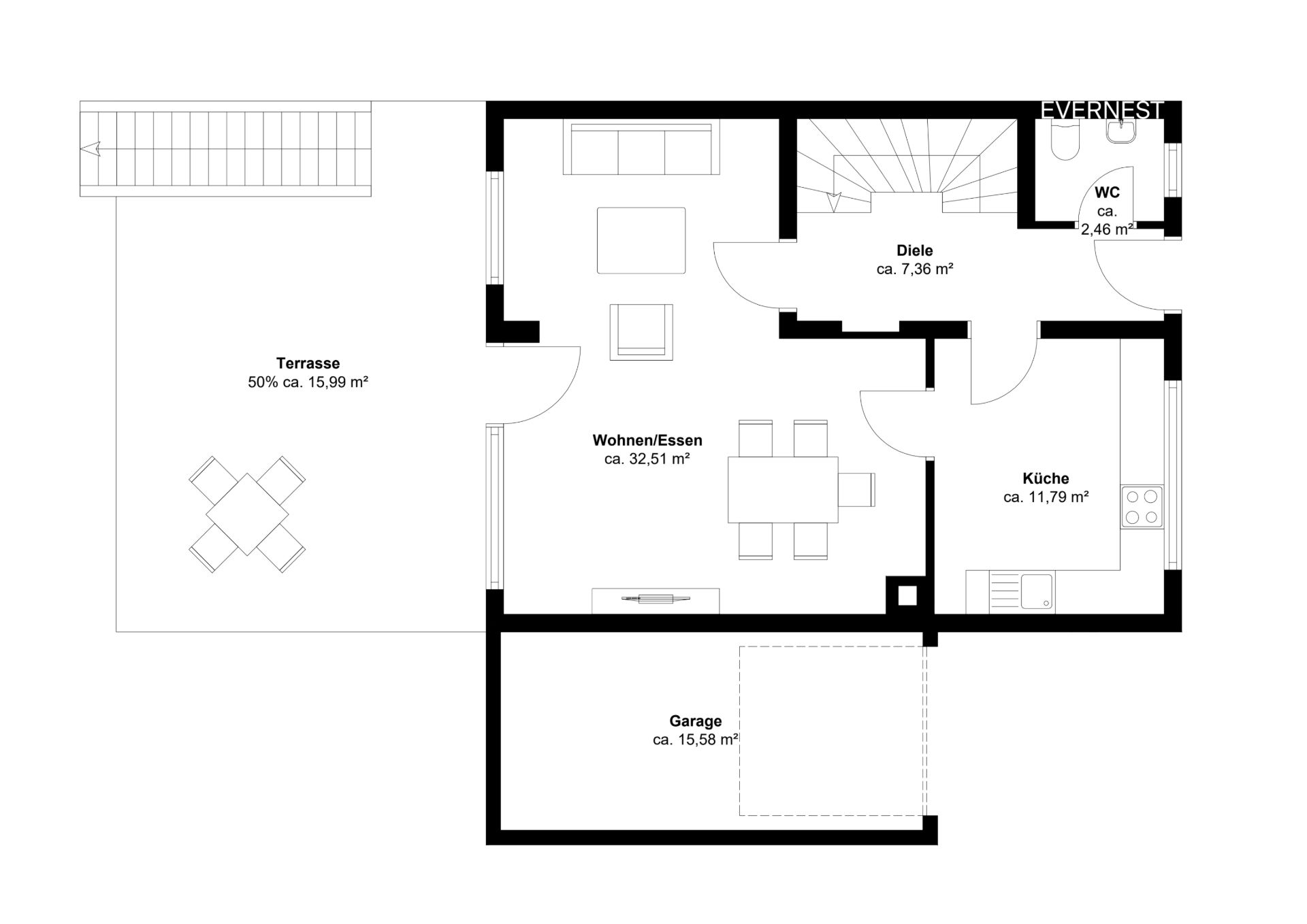 Grundriss mit Küche, Wohn- und Essbereich, WC, Diele, Garage und Terrasse.