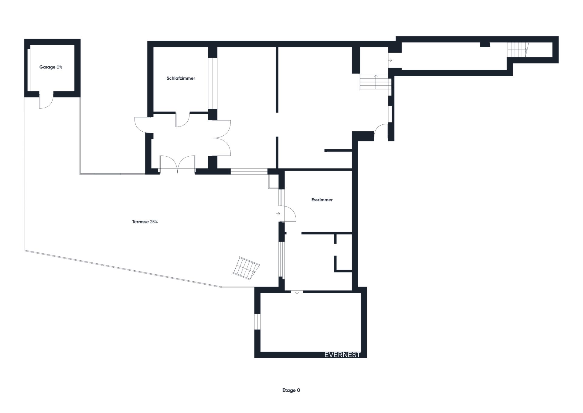 Grundriss eines Hauses mit Schlafzimmer, Esszimmer, Terrasse und Garage.