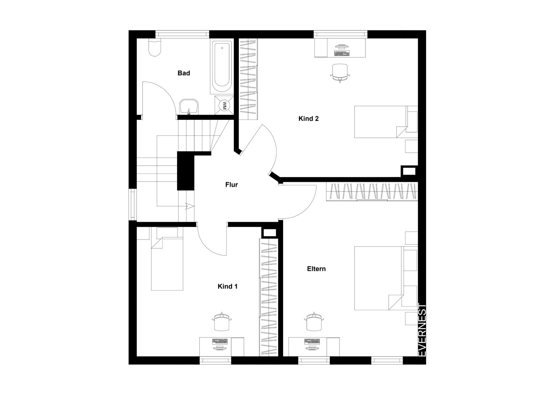 Grundriss eines Wohnhauses mit Bad, Flur, zwei Kinderzimmern und Elternschlafzimmer.