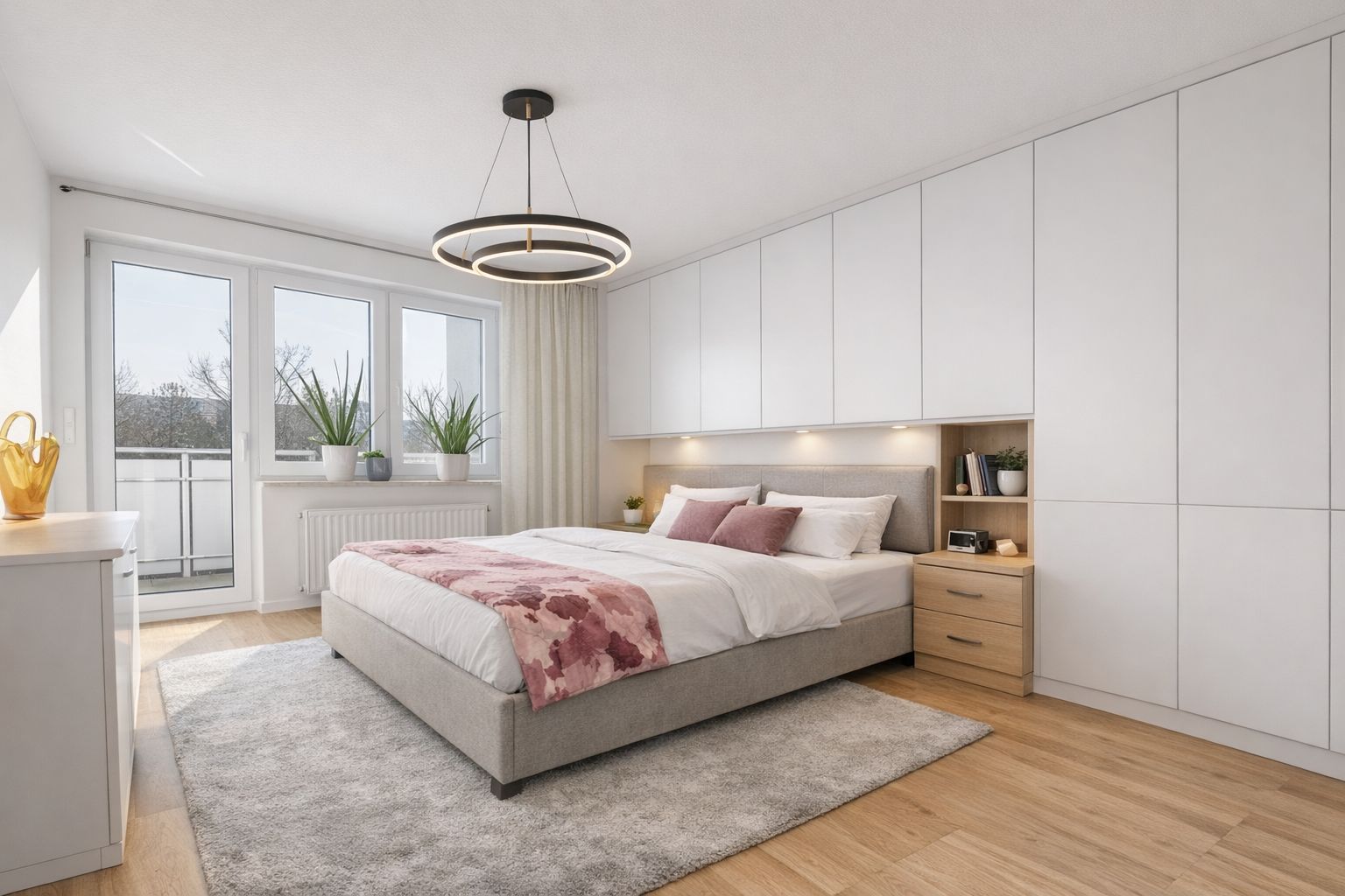 Modernes Schlafzimmer mit Doppelbett, Einbauschränken, großem Fenster und Pflanzen auf dem Fensterbrett.