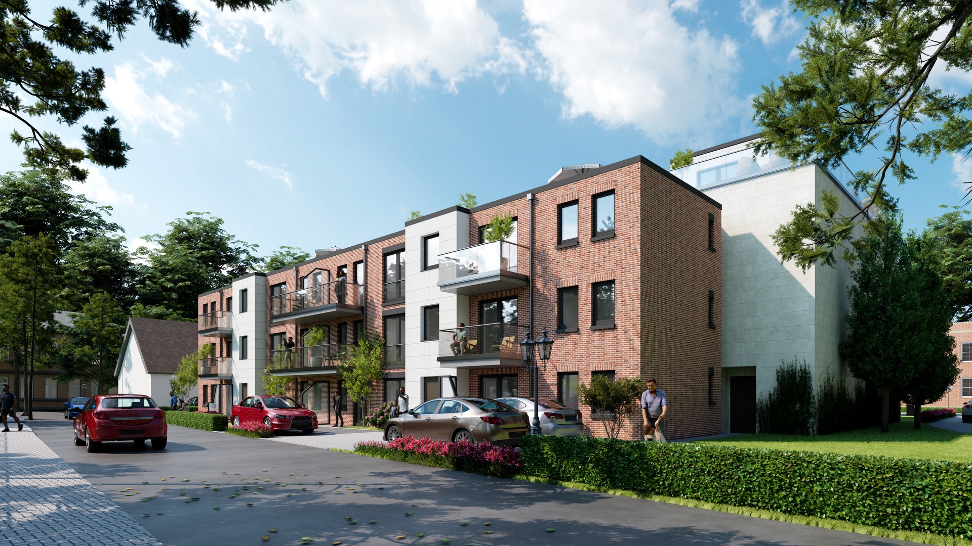 Modernes Wohnhaus aus Backstein mit Balkonen, parkenden Autos und Bäumen davor.