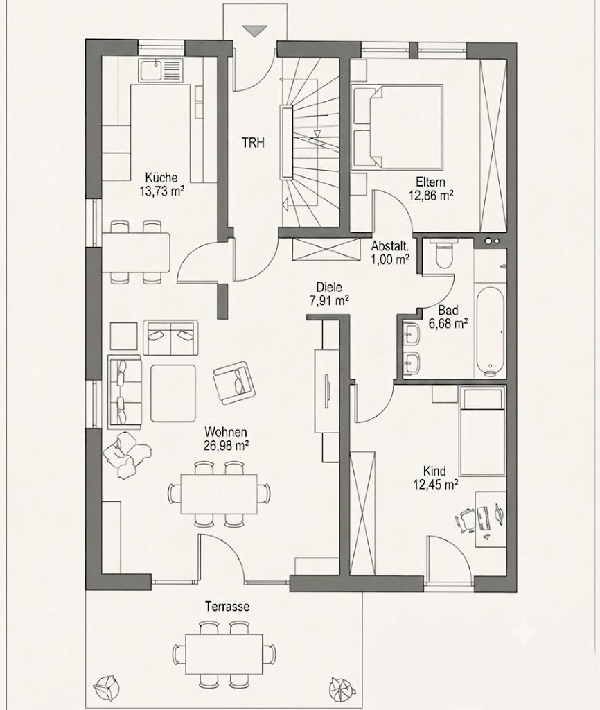Grundriss einer Wohnung mit Küche, Wohnzimmer, Schlafzimmer, Kinderzimmer, Bad und Terrasse.