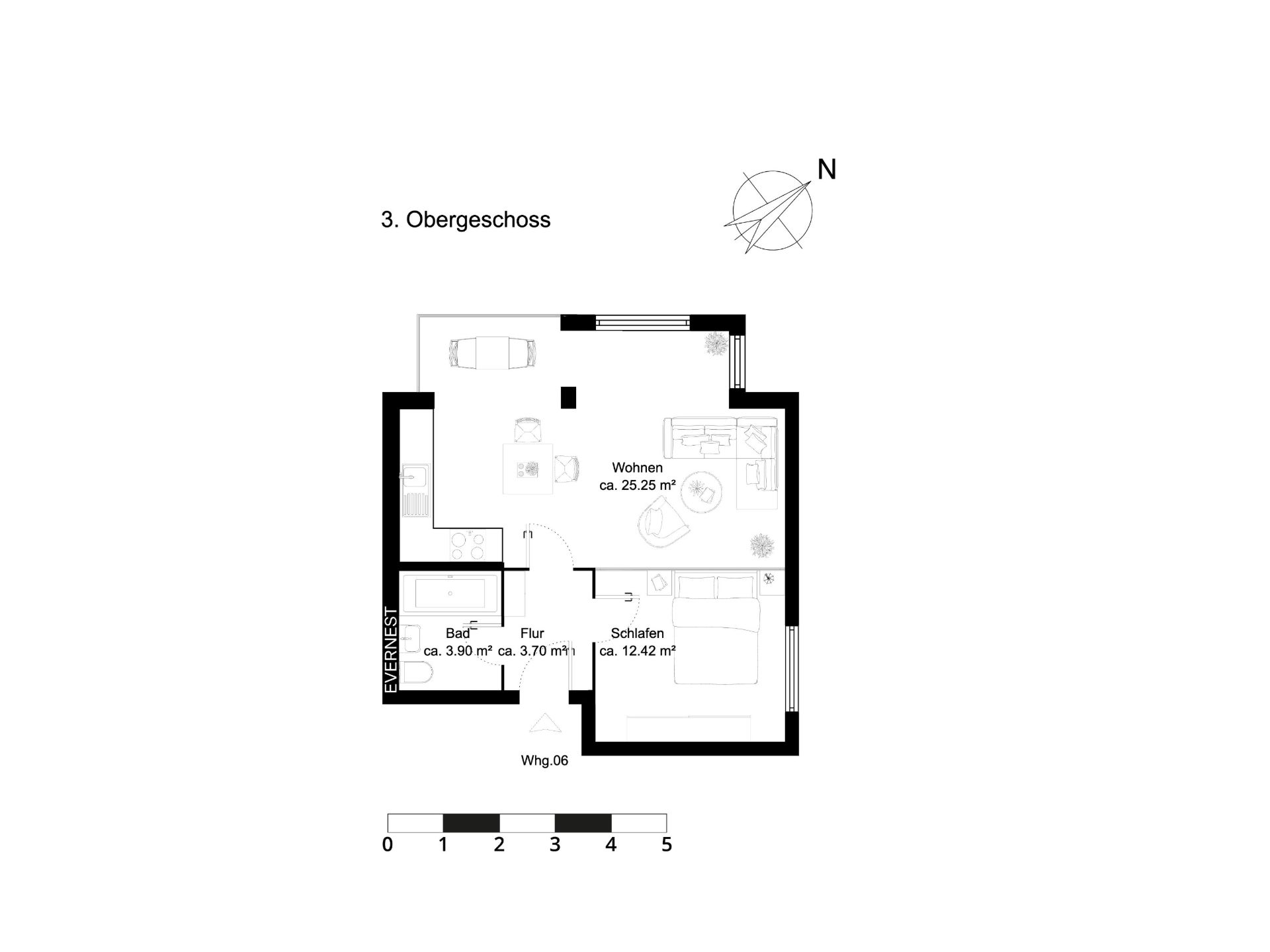 Grundriss einer Wohnung mit Wohnbereich, Schlafzimmer, Bad und Flur im 3. Obergeschoss.
