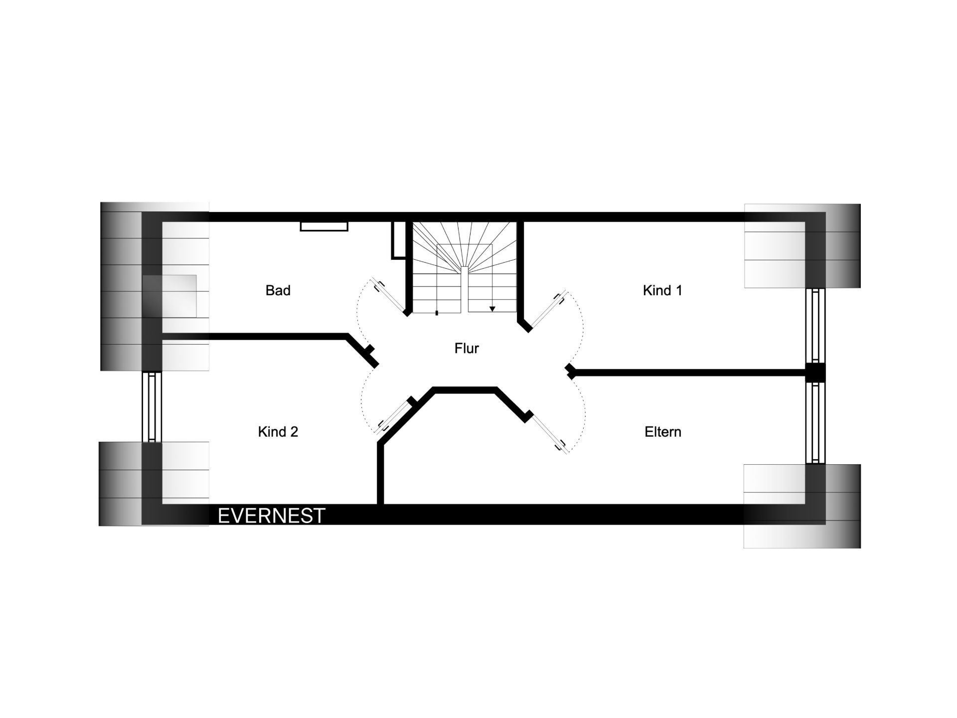 Grundriss mit Flur, Bad, zwei Kinderzimmern und Elternschlafzimmer.