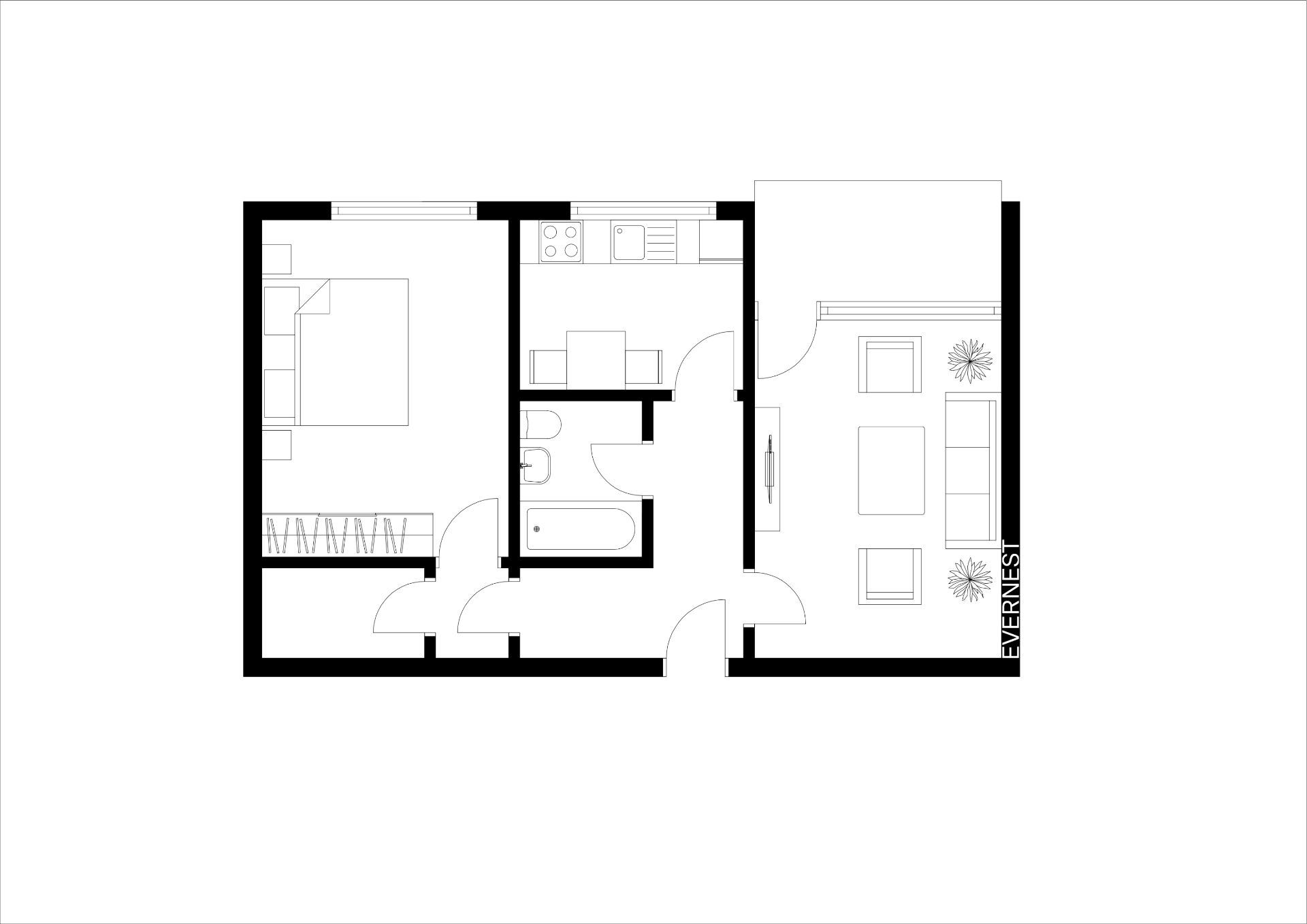 Grundriss einer Wohnung mit Schlafzimmer, Wohnzimmer, Küche und Badezimmer.
