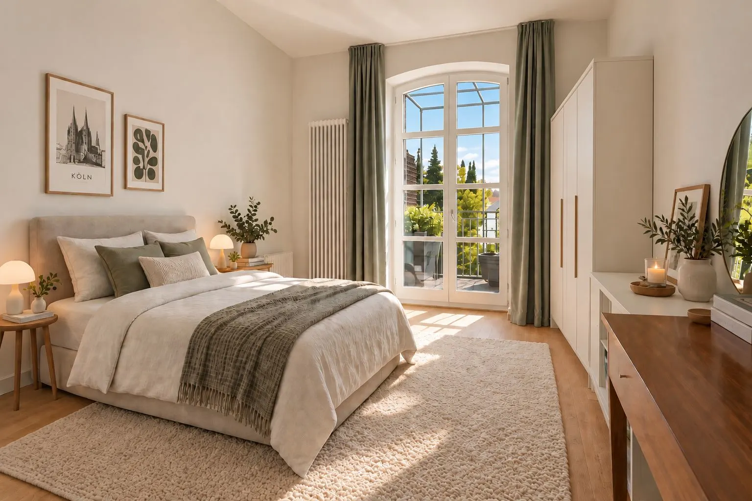 Helles Schlafzimmer mit Doppelbett, großem Fenster, Teppich und Pflanzen.