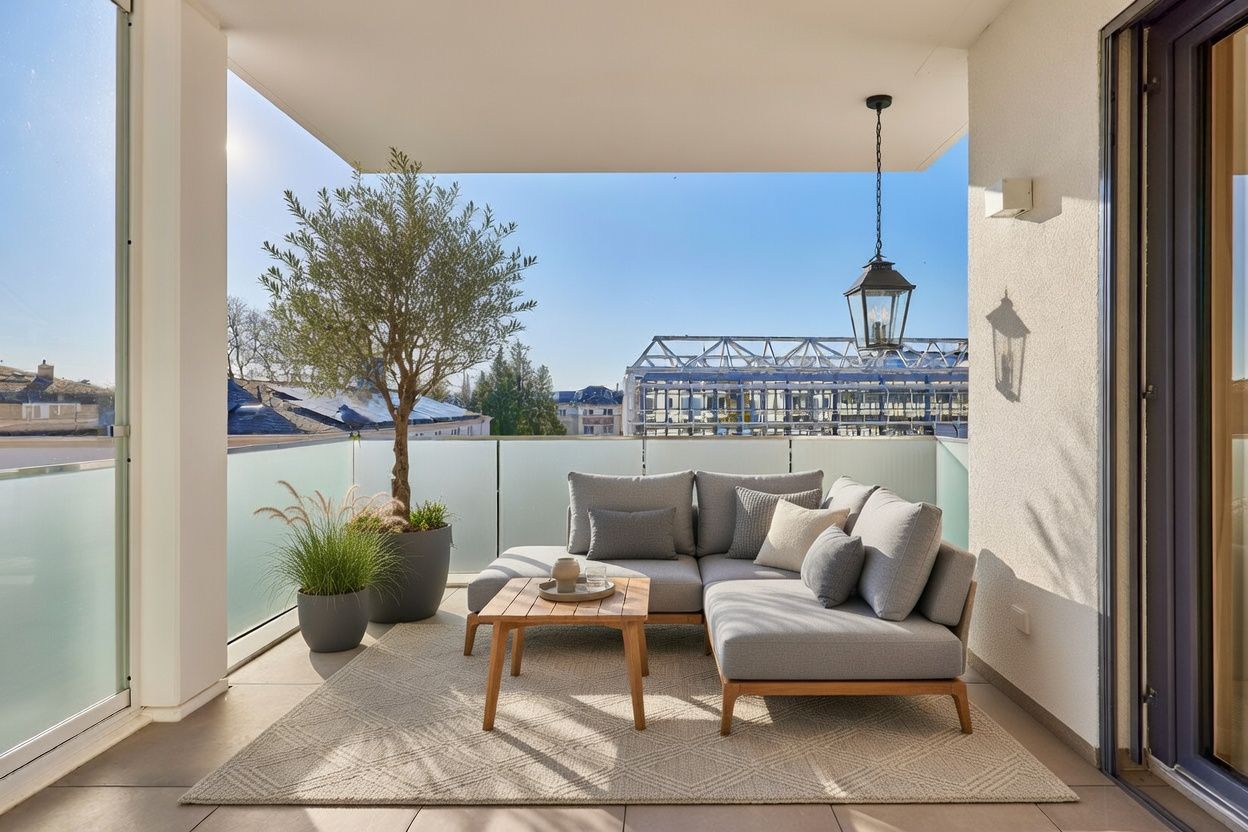 Moderne Balkonterrasse mit Sofa, Couchtisch, Pflanzkübeln und Ausblick auf Gebäude im Hintergrund.