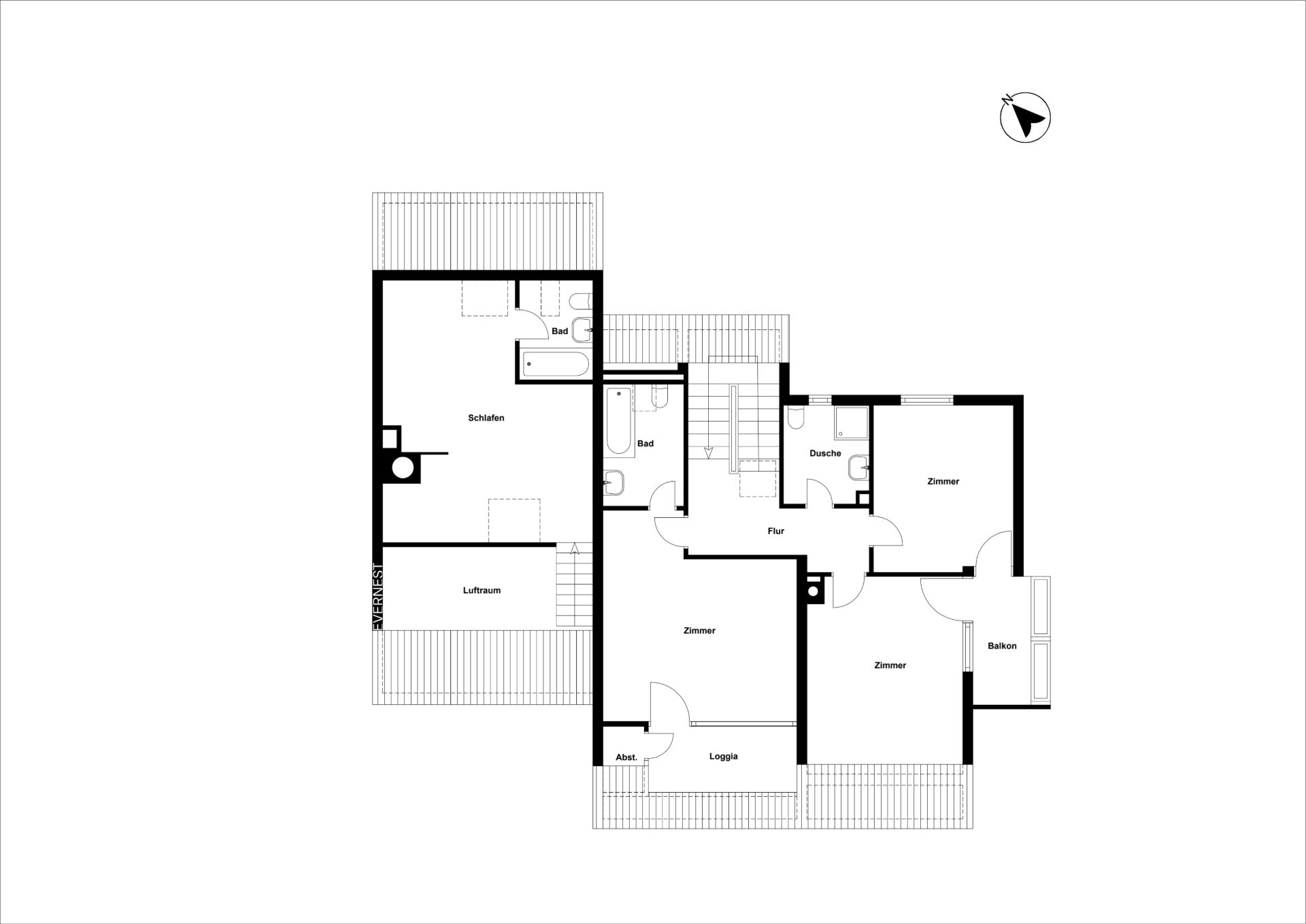 Grundriss einer Wohnung mit Schlafzimmer, Wohnzimmer, mehreren Zimmern, Balkon und Loggia.