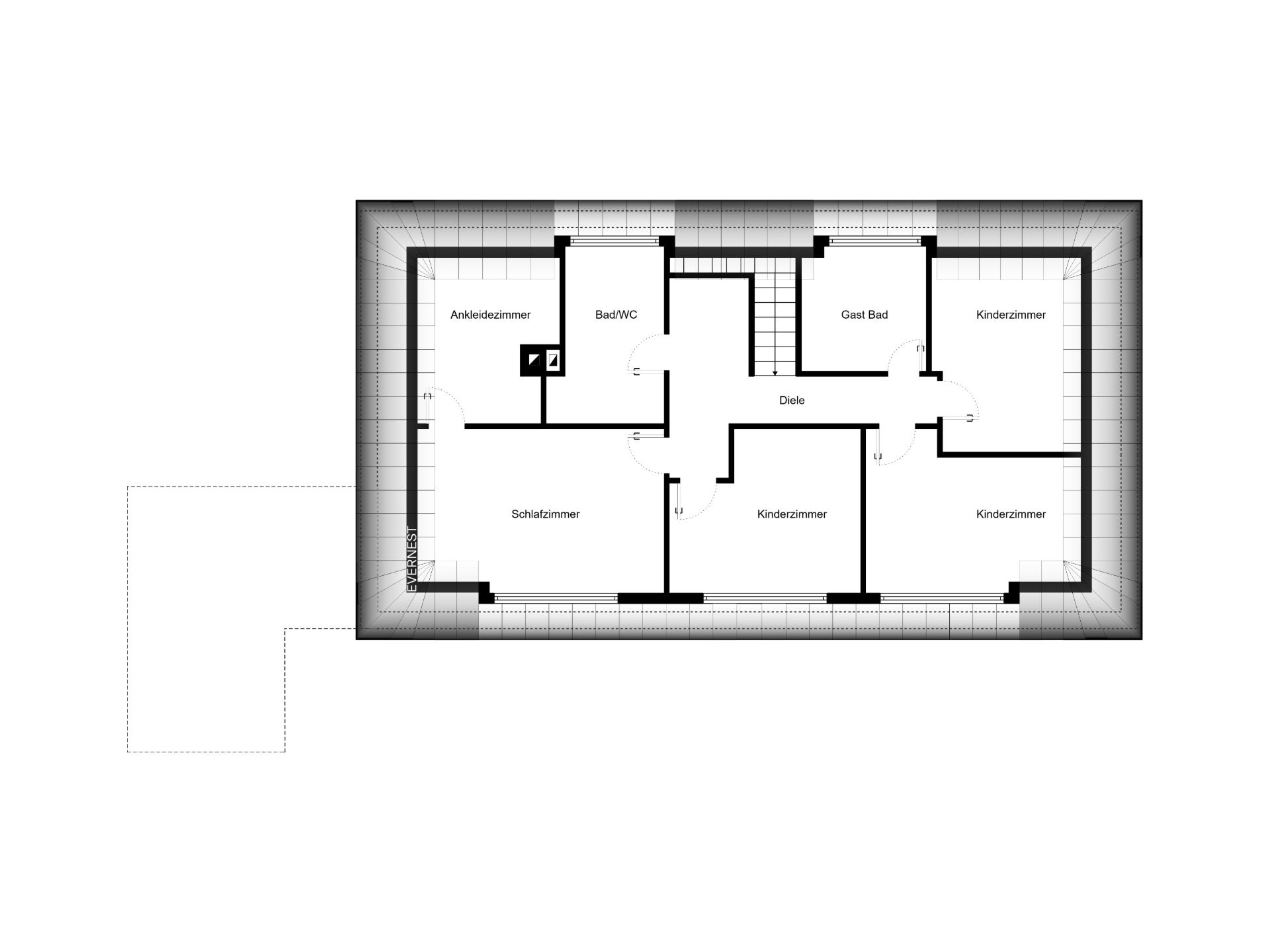 Grundriss mit Schlafzimmer, Ankleidezimmer, Bad, Gäste-Bad und drei Kinderzimmern.