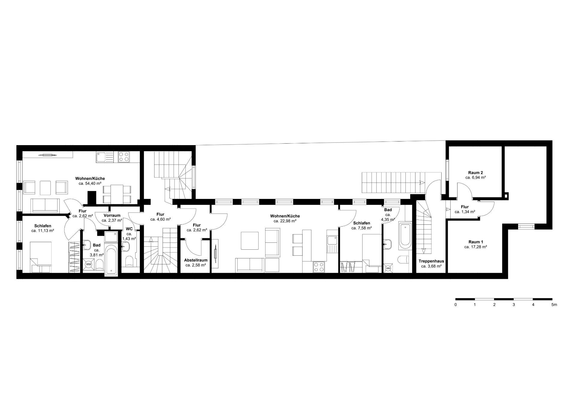 Grundriss einer Wohnung mit Wohnküche, Schlafzimmer, Bad, Fluren und weiteren Räumen.