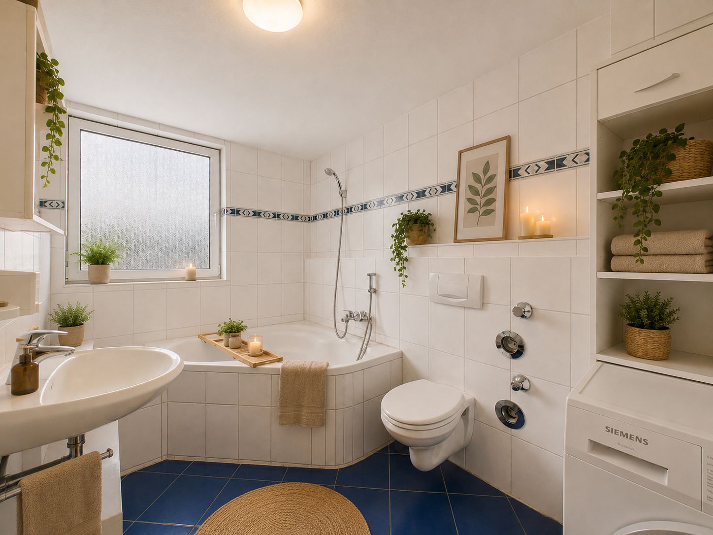 Helles Badezimmer mit Eckbadewanne, Waschbecken, WC, Pflanzen und Regalen mit Handtüchern.