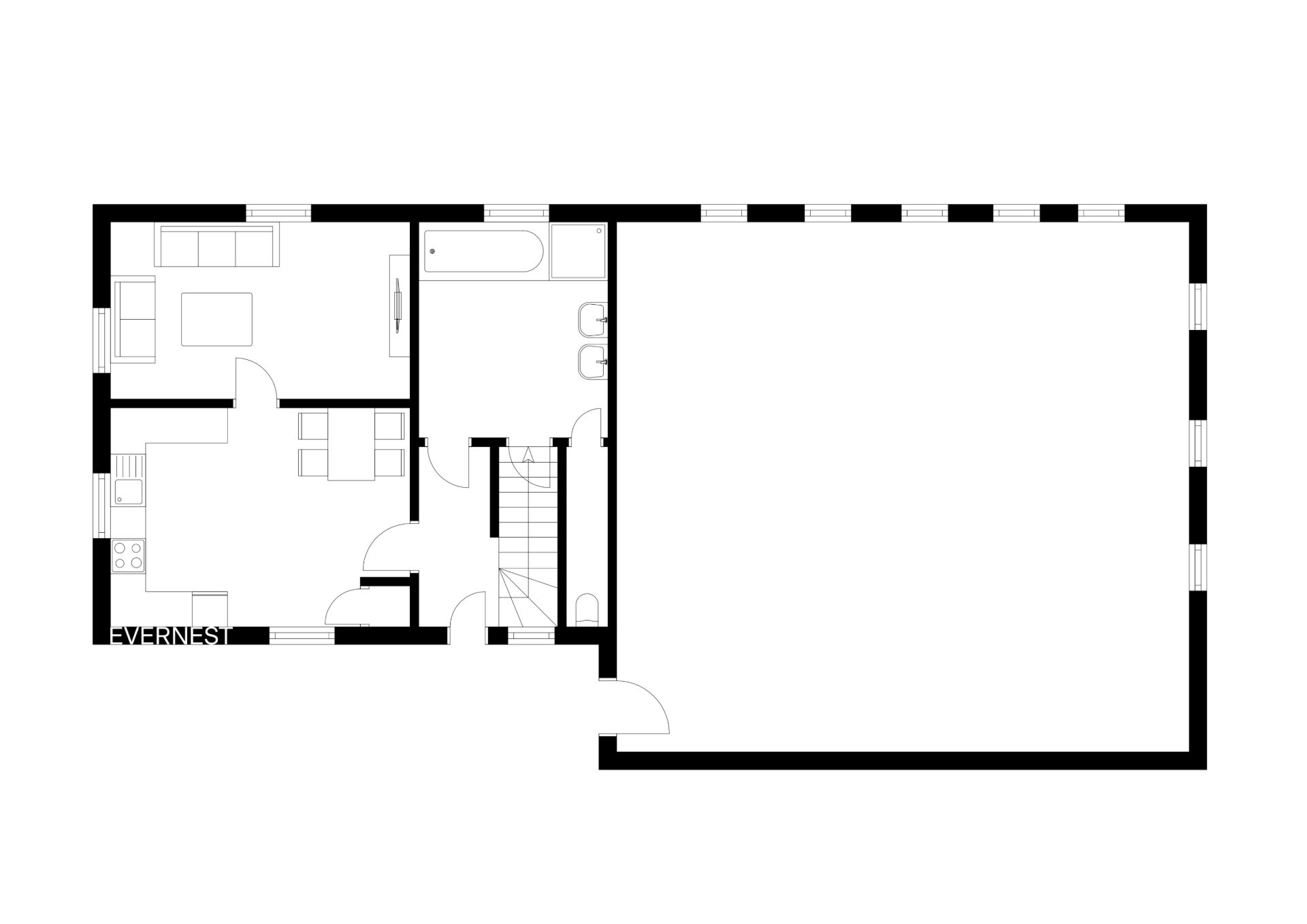 Grundriss eines Hauses mit Wohnbereich, Küche, Bad und großem angrenzenden Raum.