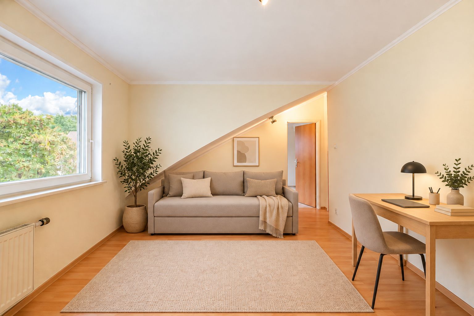 Helles Wohnzimmer mit Sofa, Teppich, Schreibtisch, Stuhl, Pflanze und großem Fenster.