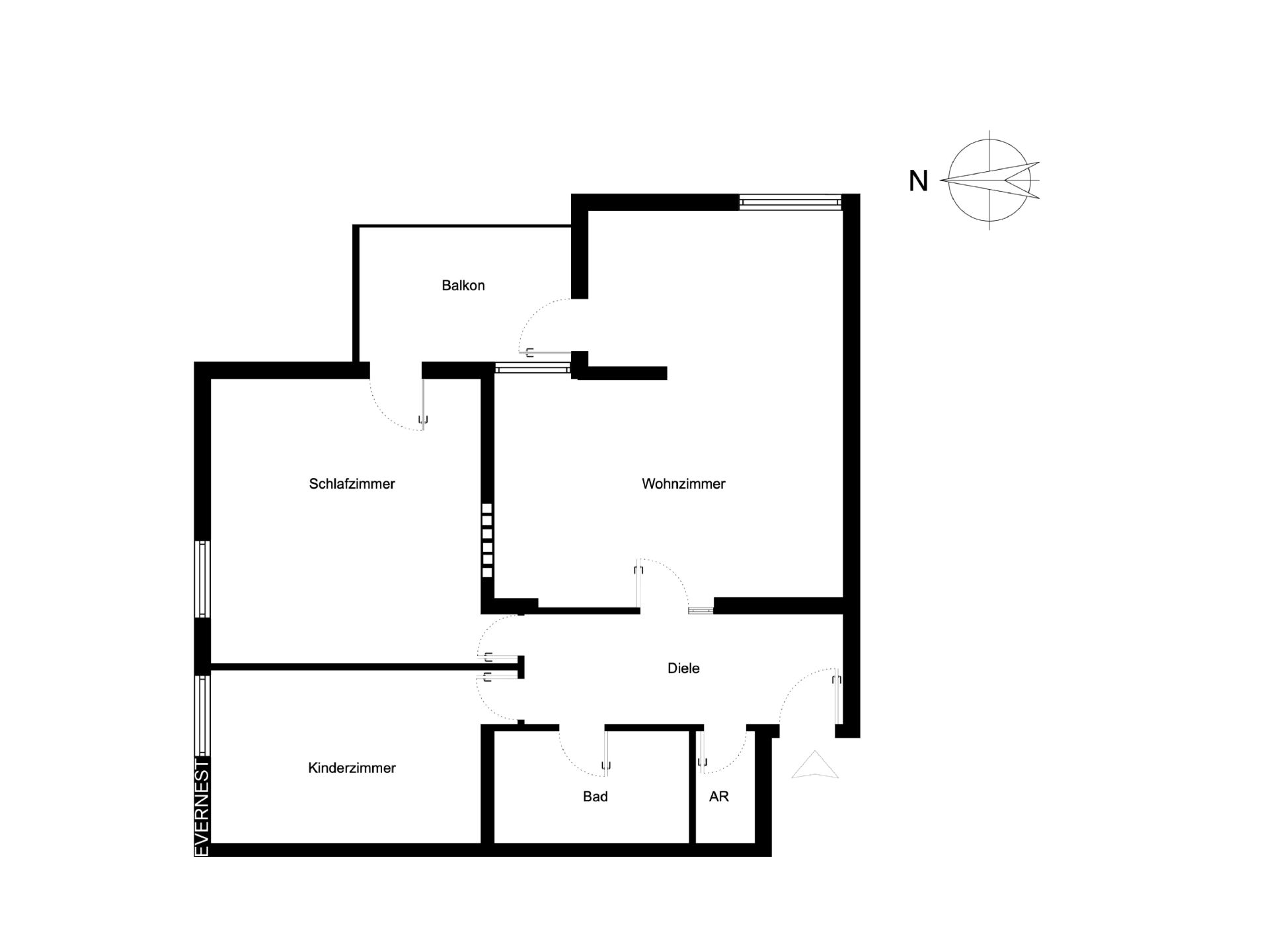 Grundriss einer Wohnung mit Schlafzimmer, Kinderzimmer, Wohnzimmer, Bad, Diele, AR und Balkon.