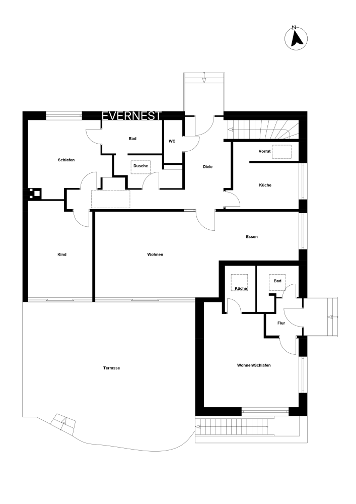 Grundriss einer Wohnung mit Schlafzimmer, Kinderzimmer, Wohnzimmer, Küche, Bad und Terrasse.
