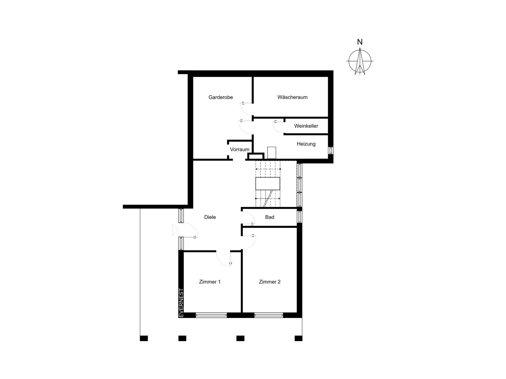 Grundriss mit zwei Zimmern, Bad, Diele, Garderobe, Waschraum, Weinkeller und Heizungsraum.
