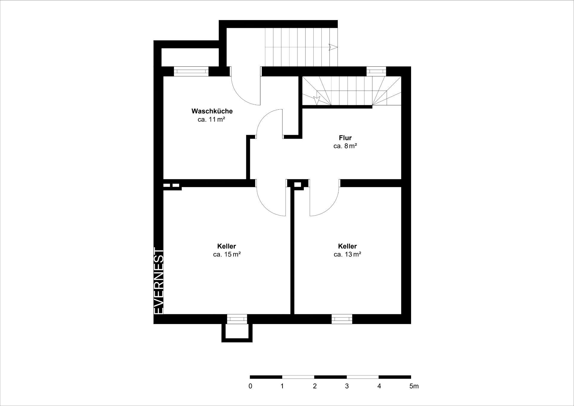 Grundriss mit Waschküche, Flur und zwei Kellerräumen, Flächenangaben in Quadratmetern.