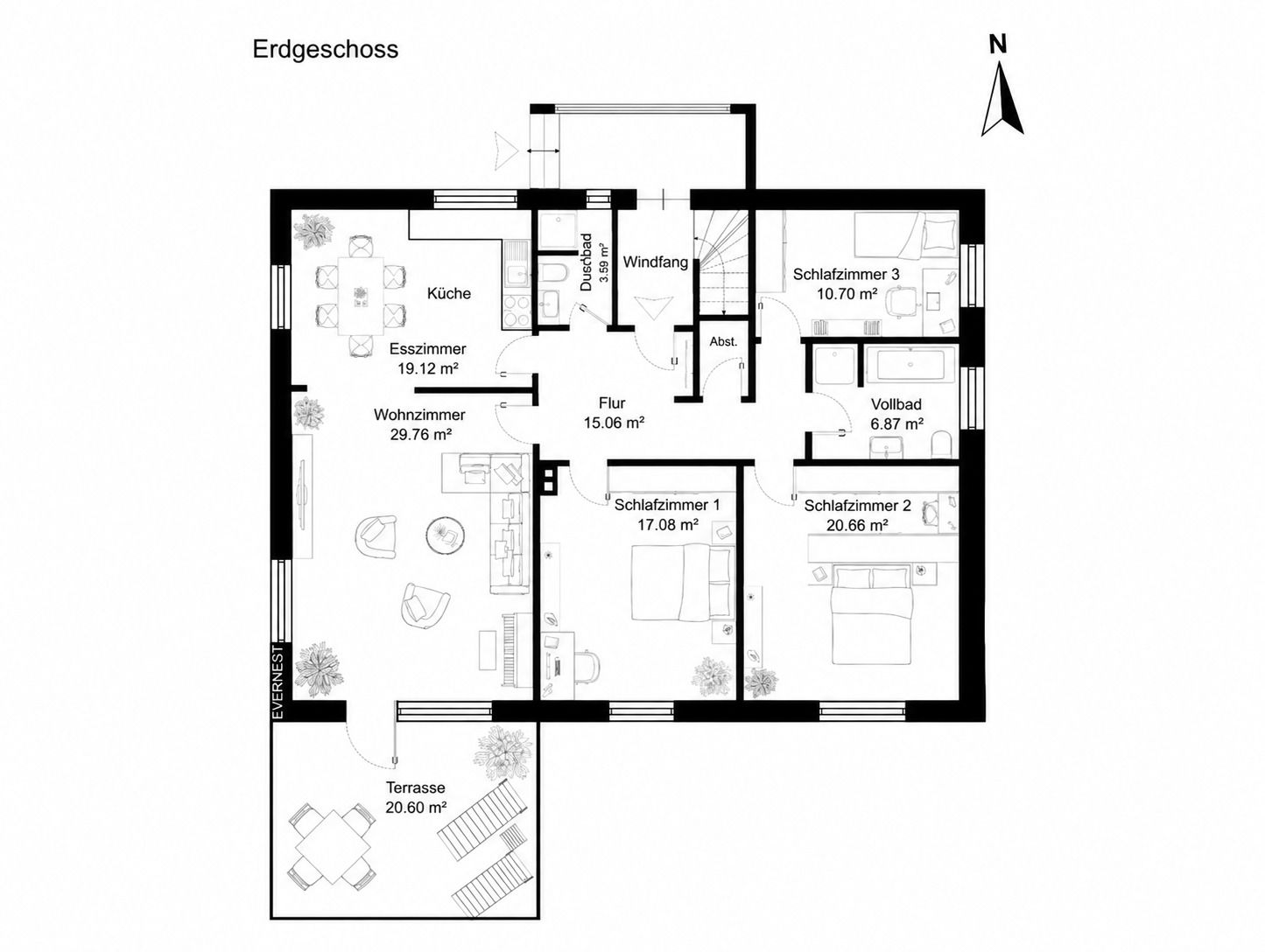 Grundriss des Erdgeschosses mit Wohnzimmer, Küche, drei Schlafzimmern, Bad und Terrasse.