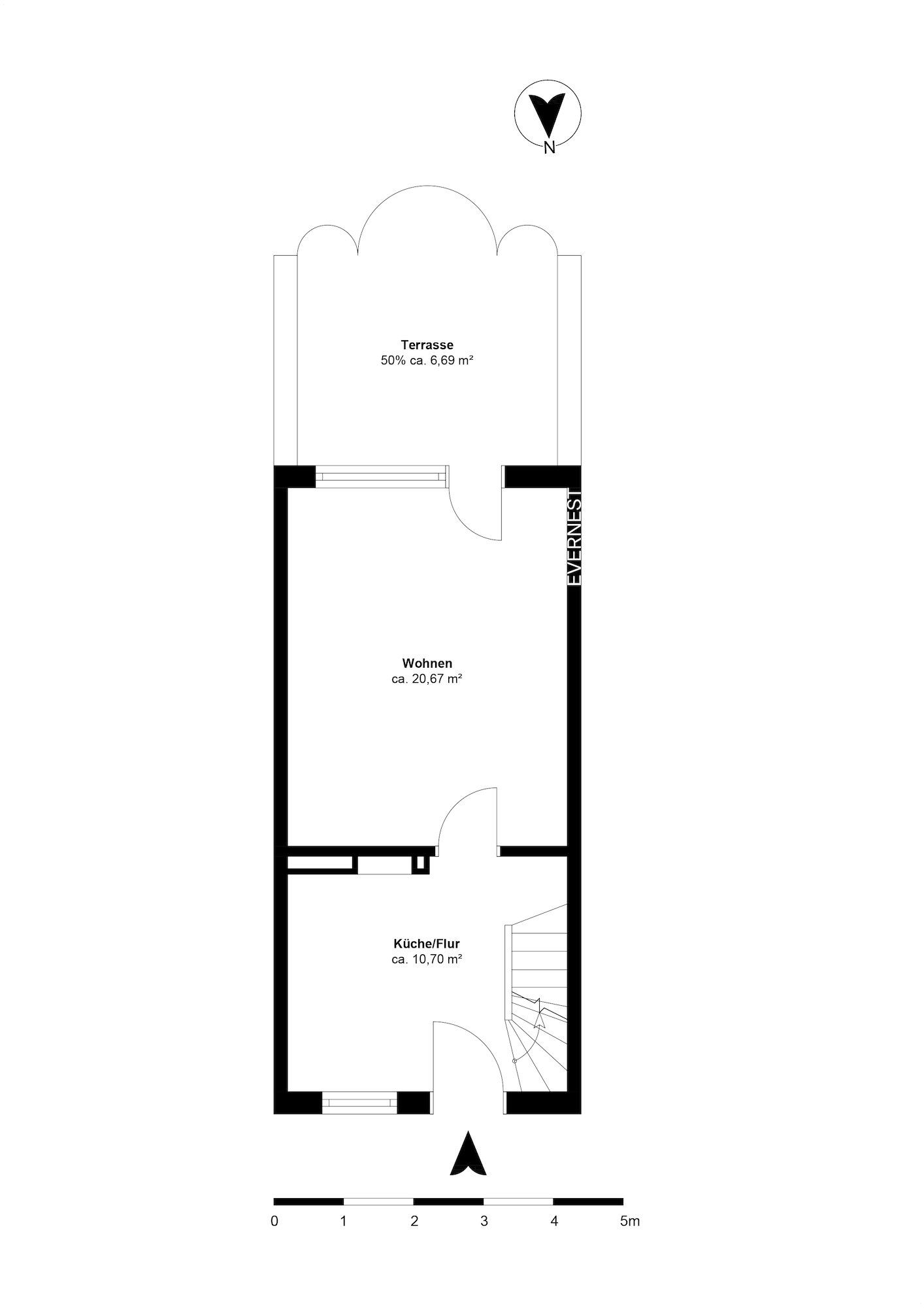 Grundriss mit Terrasse, Wohnraum und Küche/Flur, Flächenmaße sind angegeben.