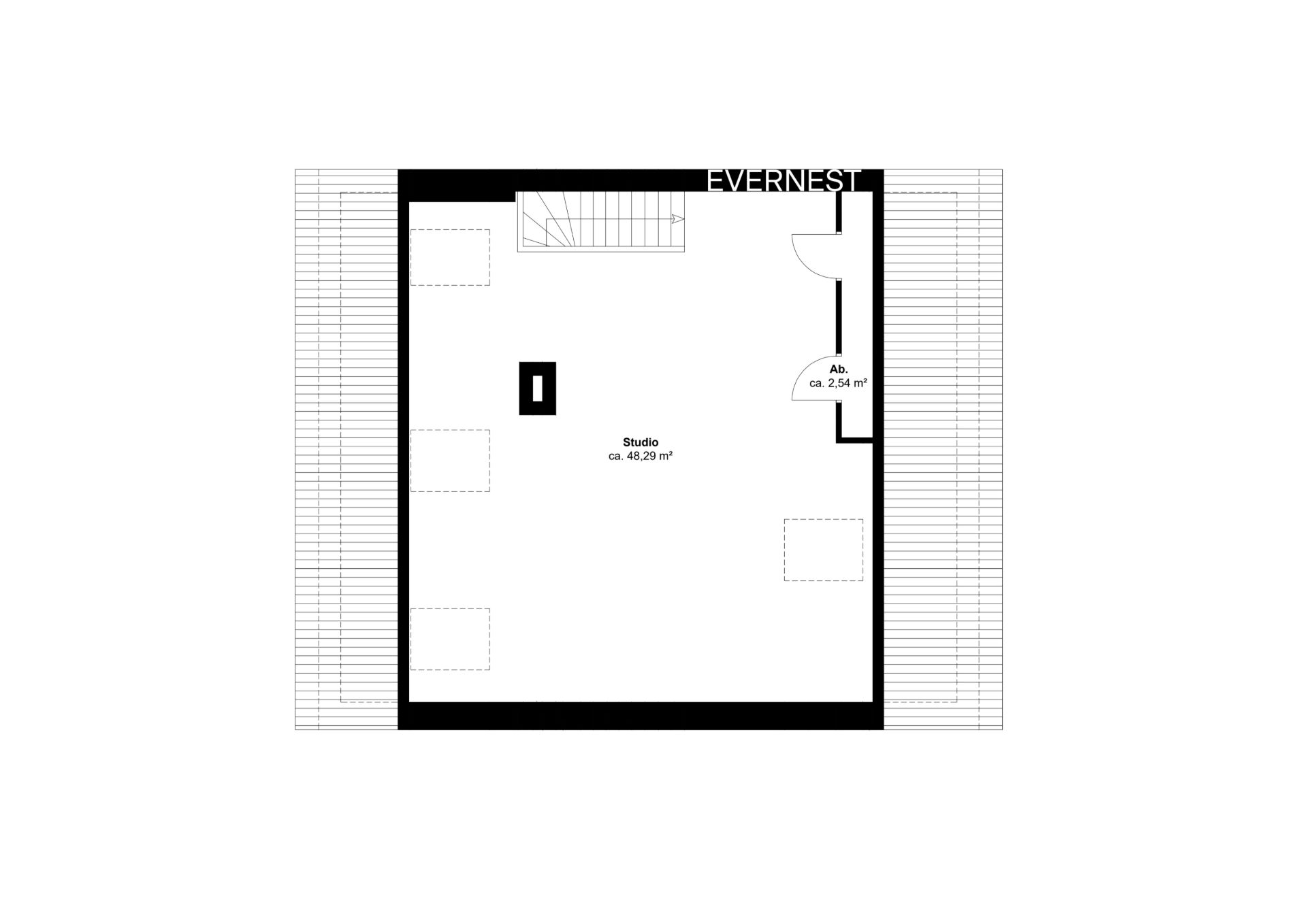 Grundriss eines Studios mit Abstellraum und Treppe.