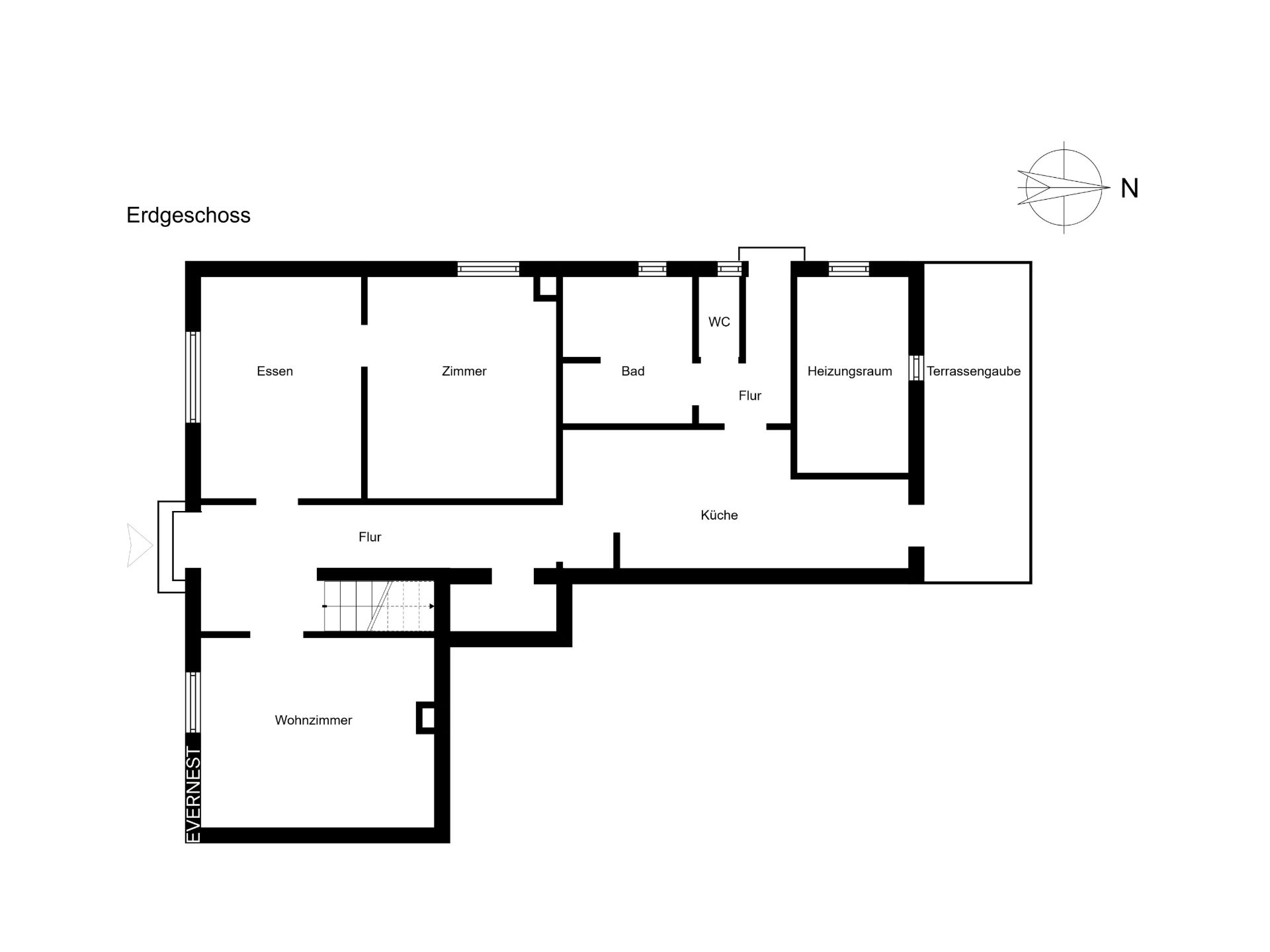 Grundriss eines Erdgeschosses mit Wohnzimmer, Küche, Bad, WC, Heizungsraum und weiteren Räumen.