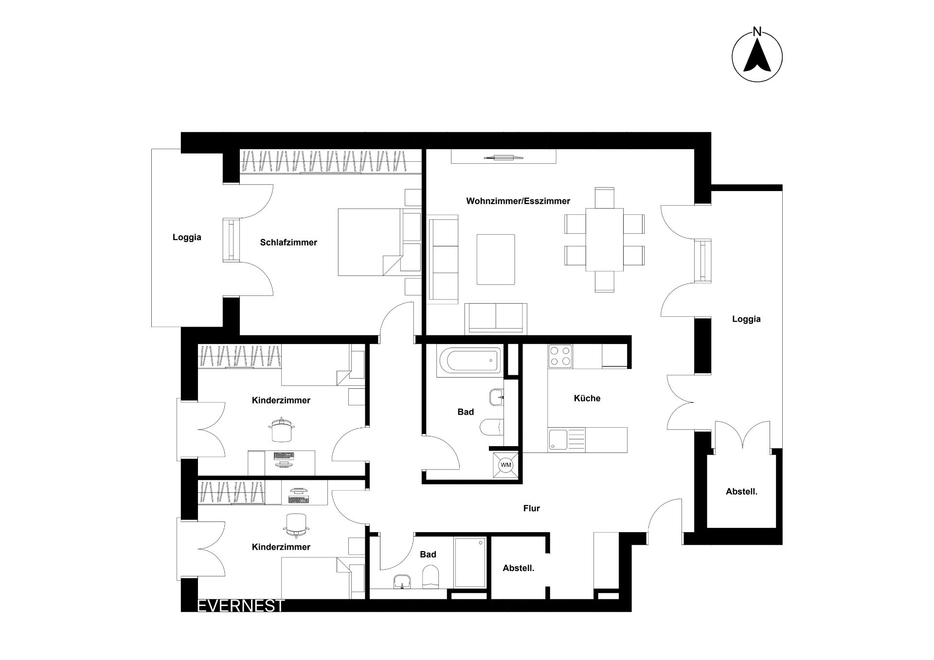 Grundriss einer Wohnung mit Schlafzimmer, Wohnzimmer, Küche, Kinderzimmern, Bädern und Loggien.