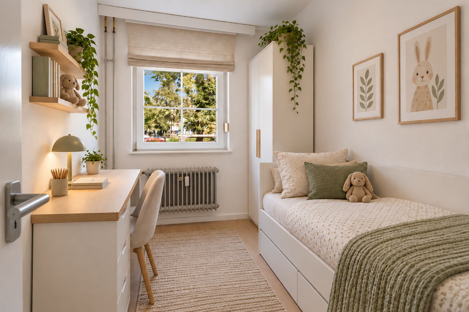Helles Kinderzimmer mit Bett, Schreibtisch, Stuhl, Pflanzen und Bildern an der Wand.