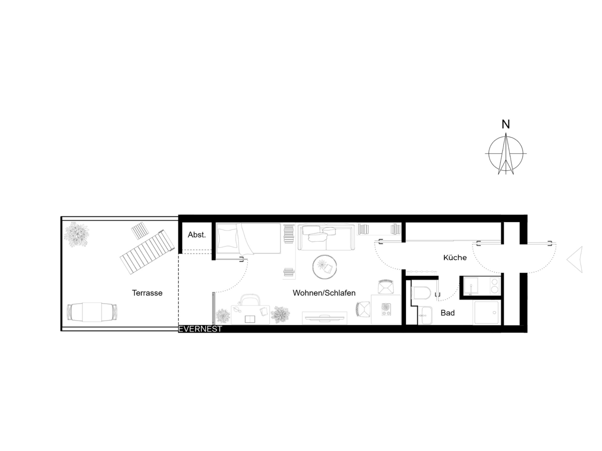 Grundriss einer Wohnung mit Terrasse, Wohn-/Schlafbereich, Küche, Bad und Abstellraum.
