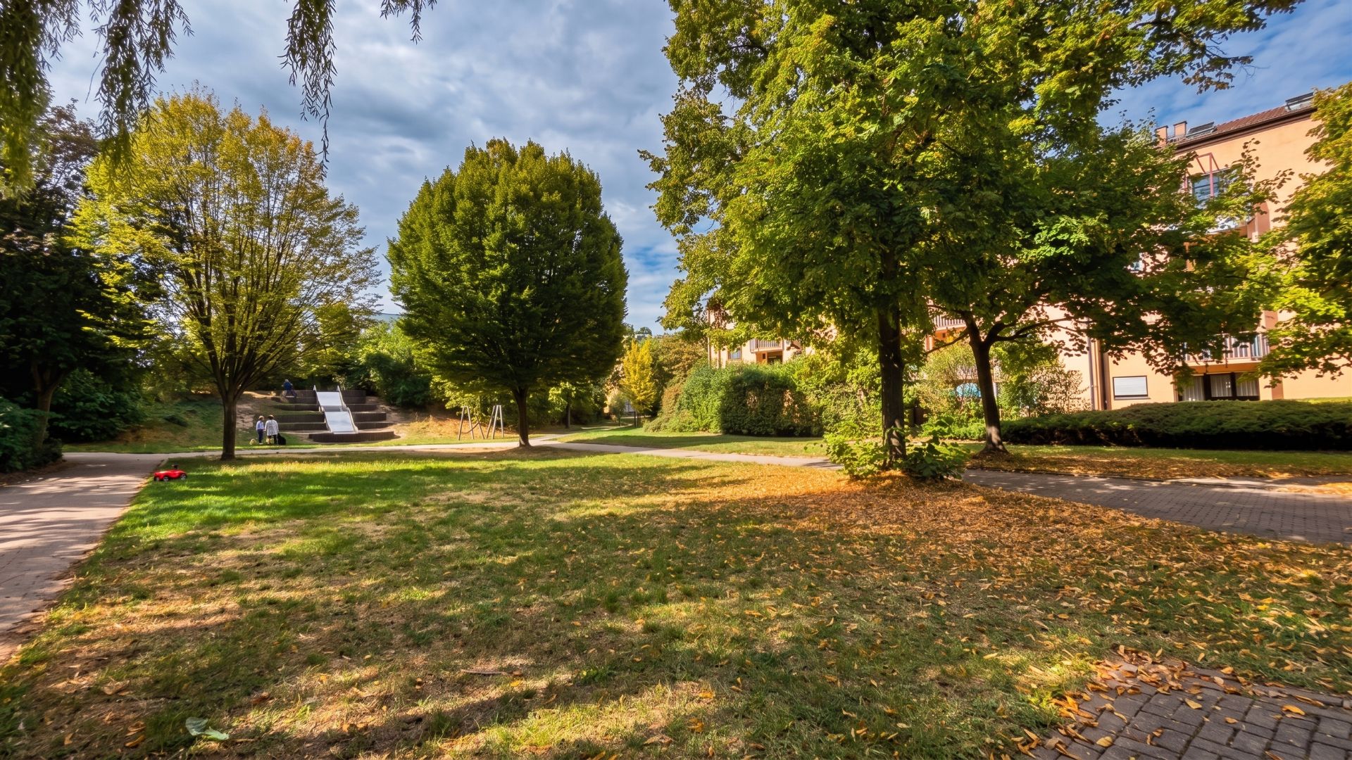 Grüne Wiese mit Bäumen, Spielplatz und umgeben von Wohngebäuden an einem sonnigen Tag.