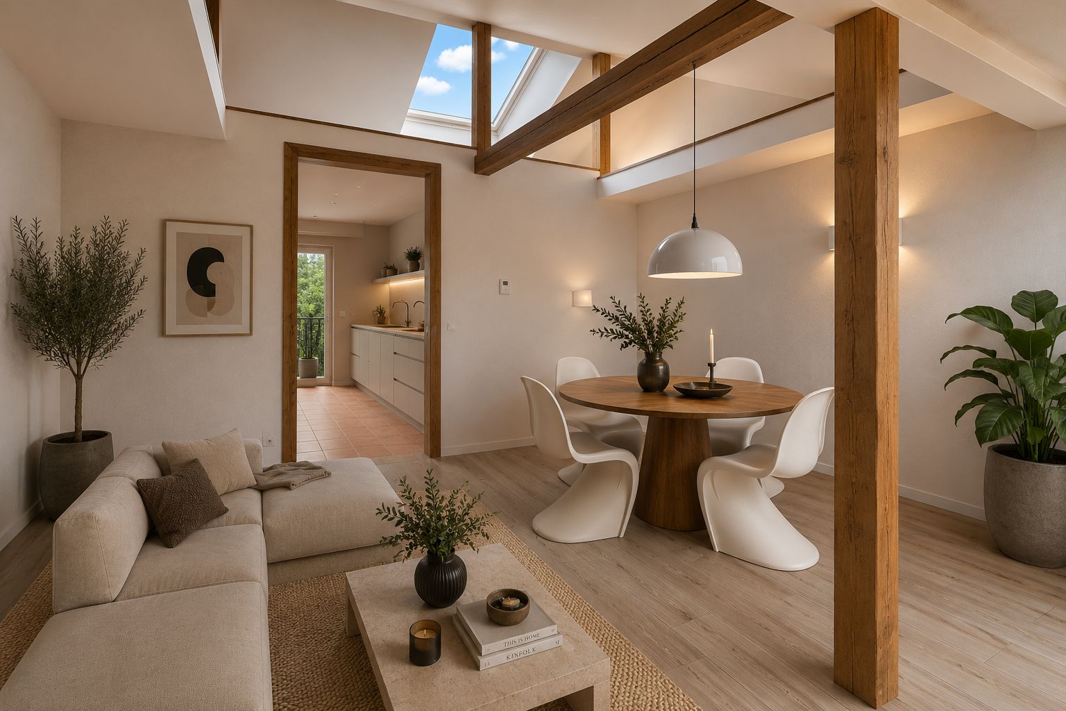 Helles Wohnzimmer mit Sofa, Esstisch, Pflanzen und Sichtbalken, Blick zur offenen Küche.