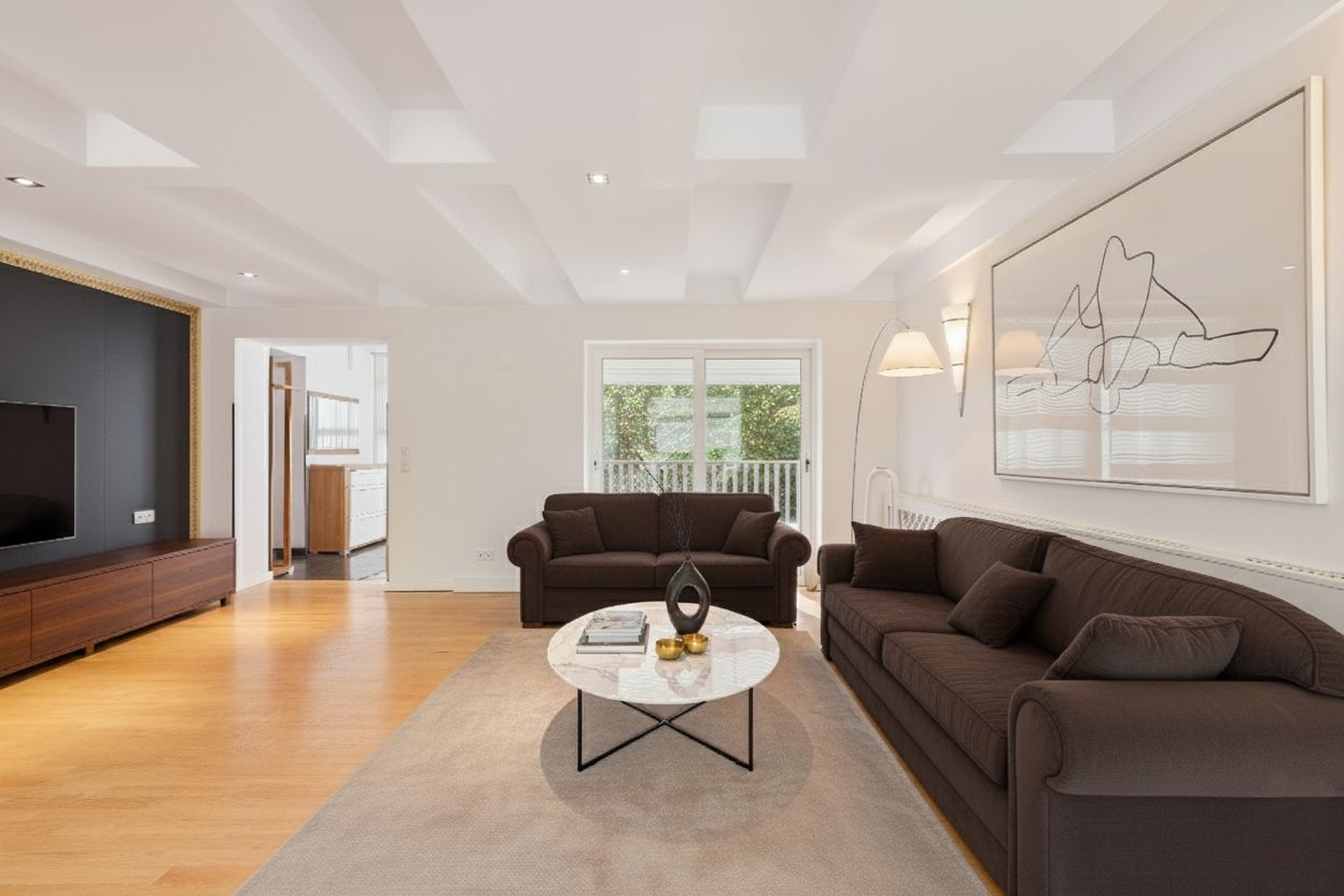 Modernes Wohnzimmer mit braunen Sofas, Couchtisch und großem Kunstwerk an der Wand.