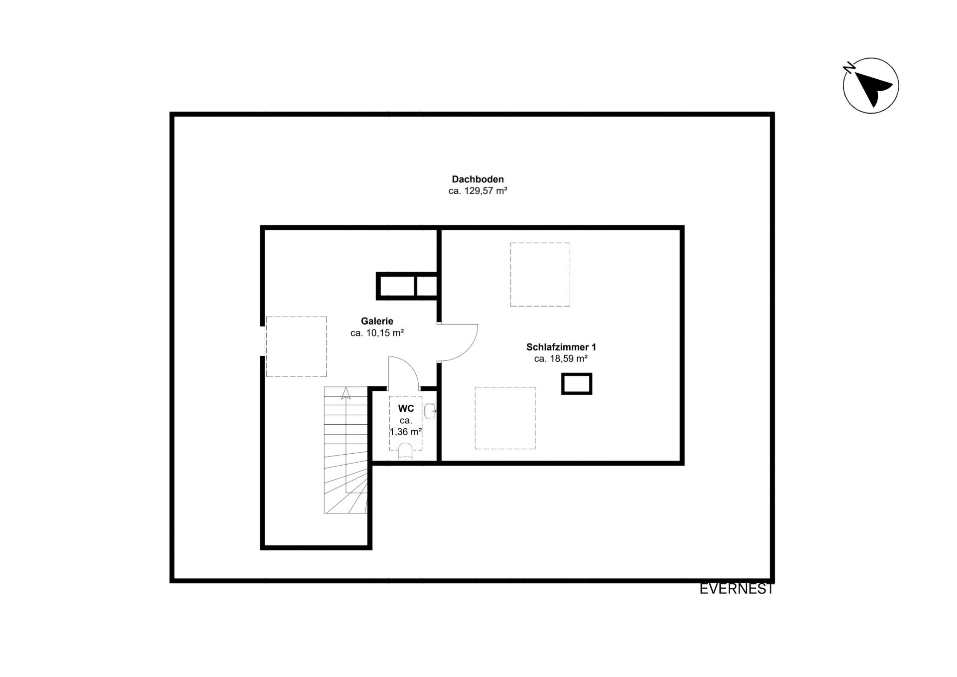 Grundriss mit Galerie, Schlafzimmer, WC und Dachboden, Flächenangaben in Quadratmetern.