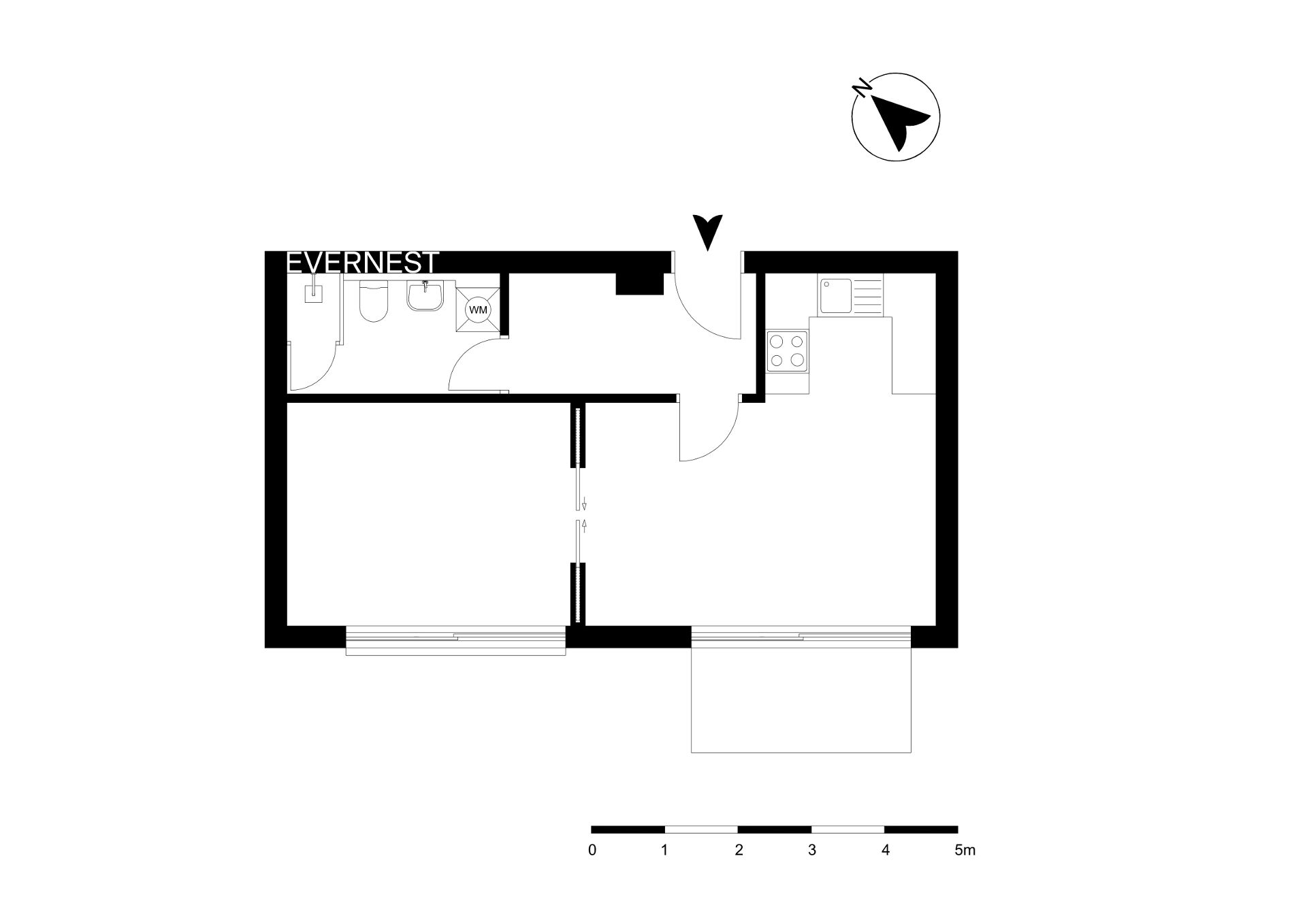 Grundriss einer Wohnung mit Bad, Küche, zwei Zimmern und Eingangstür.